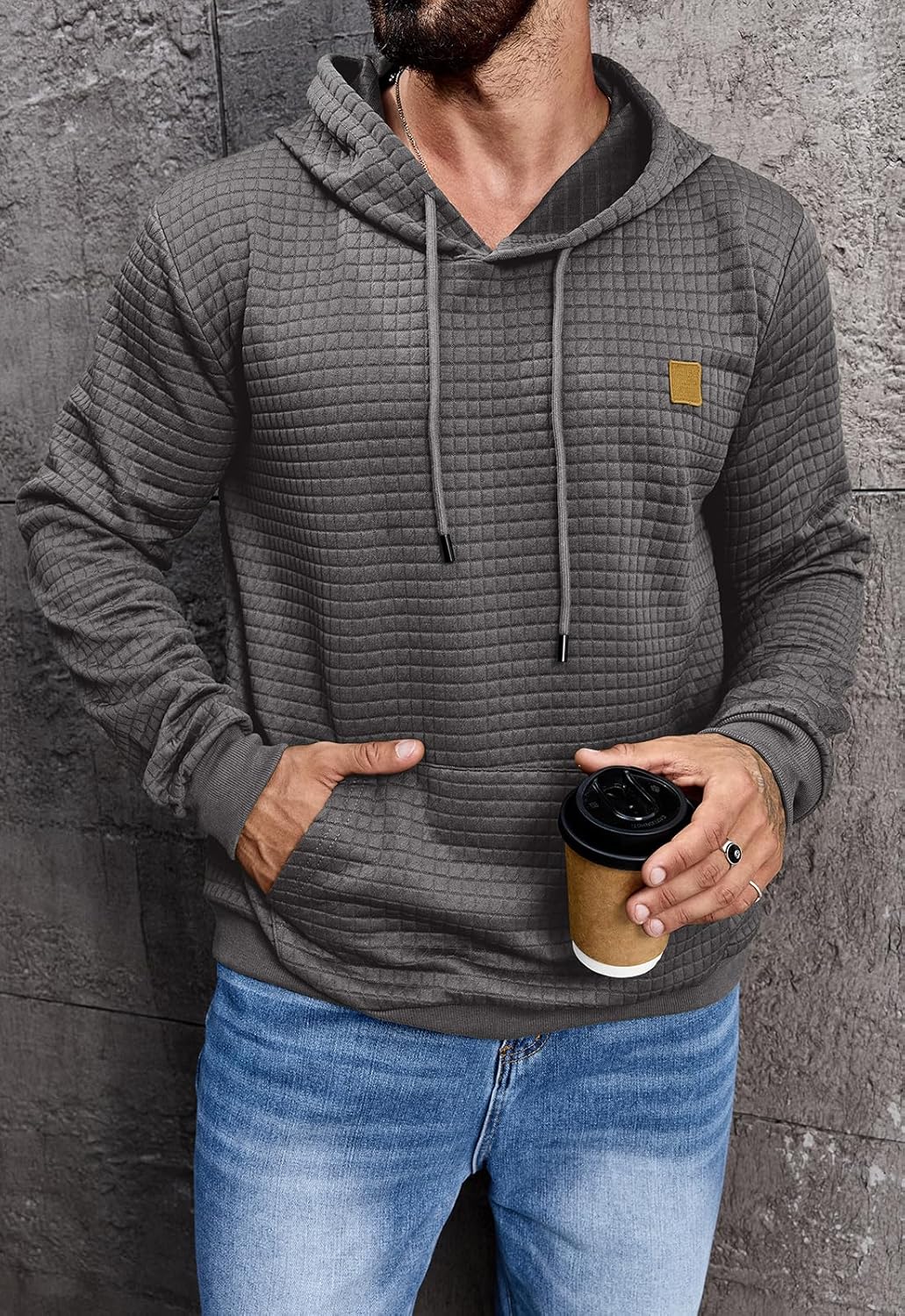 Aiyino Men's Hoodies Pullover Casaul Long Sleeve Drawstring Waffle Knit Hooded Sweatshirt with Kanga Pocket - Image 5