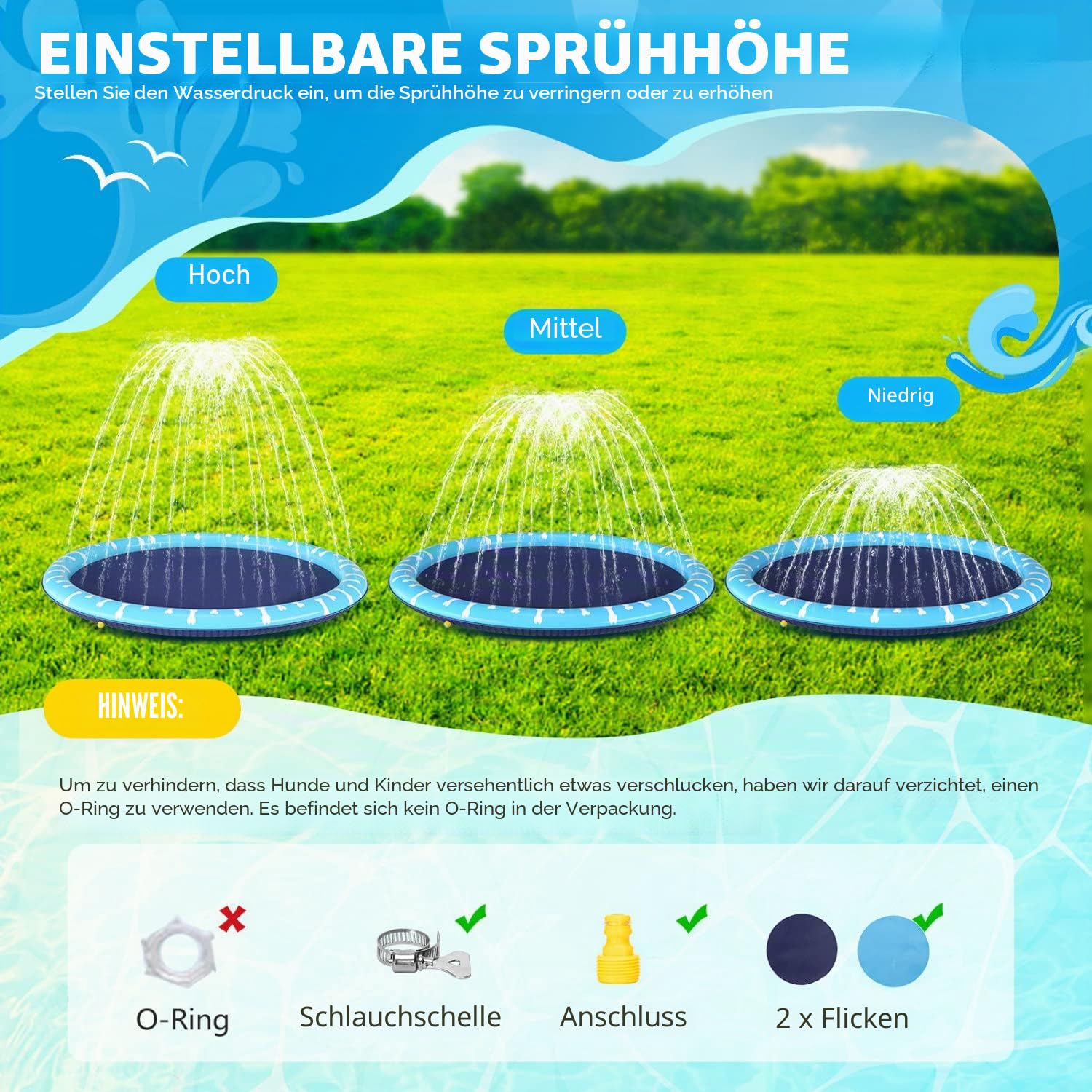 Nobleza Hundepool, Planschbecken für Große & Kleine Hunde, 0.55mm Verdickt Anti-Rutsch Sprinkler Matte Hund Faltbarer Splash Pad für Sommer, Garten, DraußEn, D1.4M