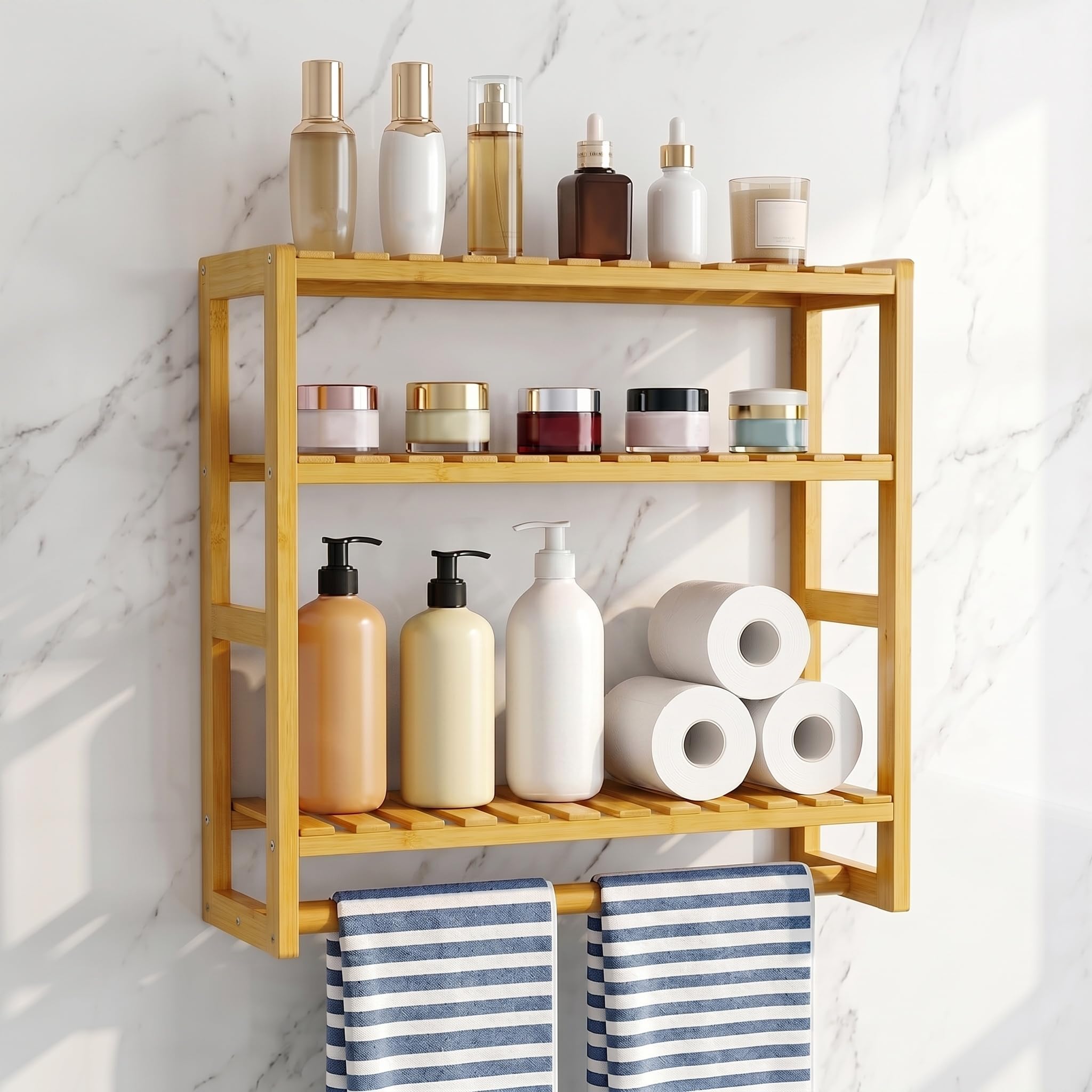 Xygobla Bathroom Shelf Storage Organizer,3-Tier Adjustable Over Toilet Rac Bathroom Bamboo Organizer with Bar,Wall-Mounted or Stand,Freestanding Over Toilet Utility Shelf for Living Room,Kitchen