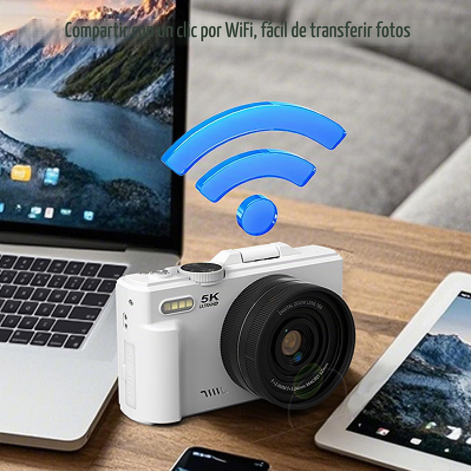 BuyWeek Cámara Digital 5K 75MP con WiFi, Cámara de Vlogging HD con Enfoque Automático y Zoom de 18X con Pantalla Abatible de 180° de 3 Pulgadas, Modo Belleza, Luz de Relleno LED (Blanco)
