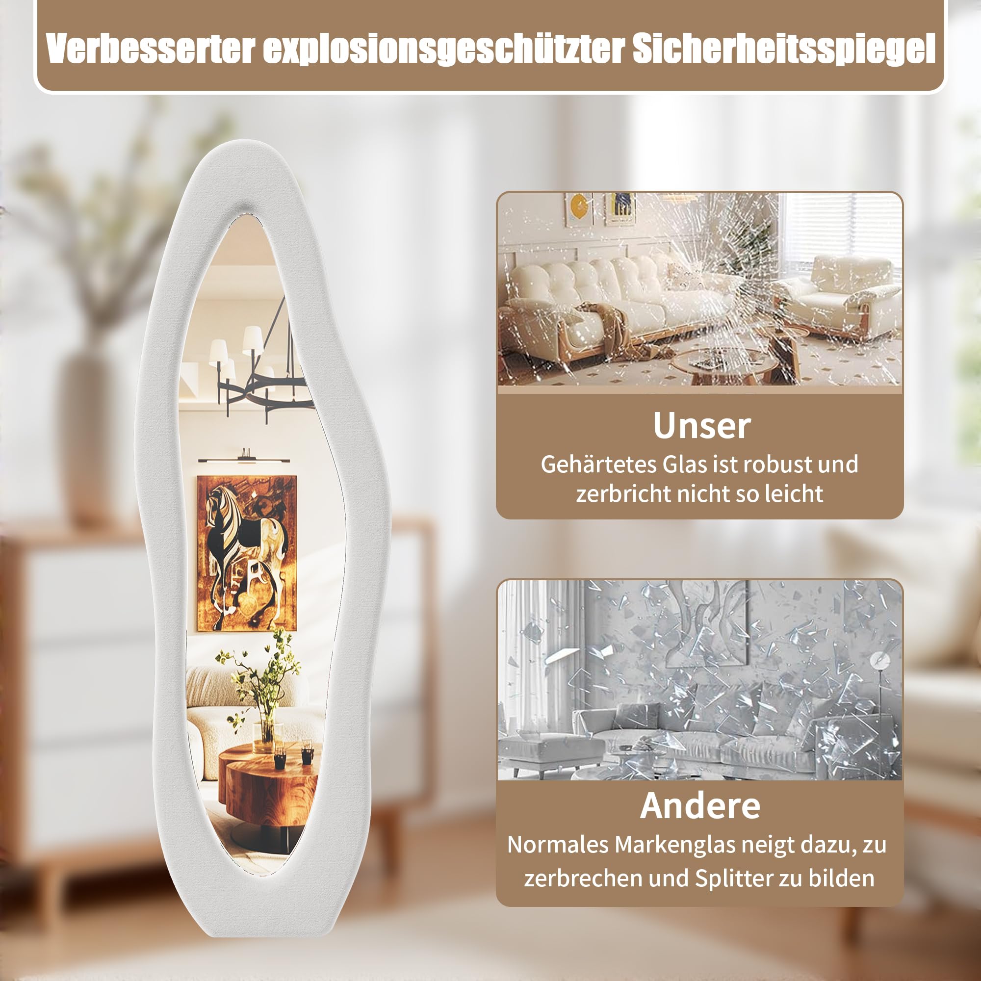 Miroir intégral 160 x 50 cm, asymétrique ondulé avec cadre en flanelle blanche, debout, suspendu, incliné, grand miroir mural pour chambre à coucher, dressing, salon