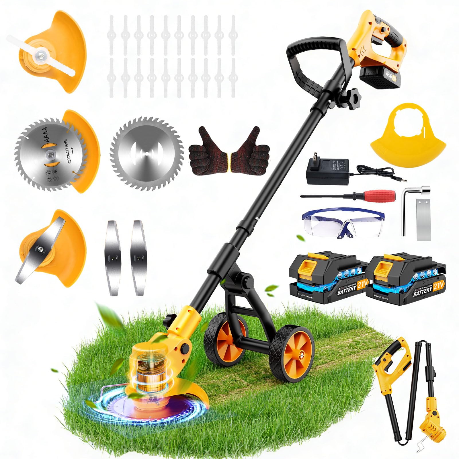 Photo 1 of Electric  Wacker Cordless with Wheels,Electric Weed Eater Battery Powered 4000mAh,4 in 1 Grass Trimmer/Brush Cutter/Grass Edger/Small Lawn Mower,No String Trimmer with Blade, 2 Battery (Yellow)