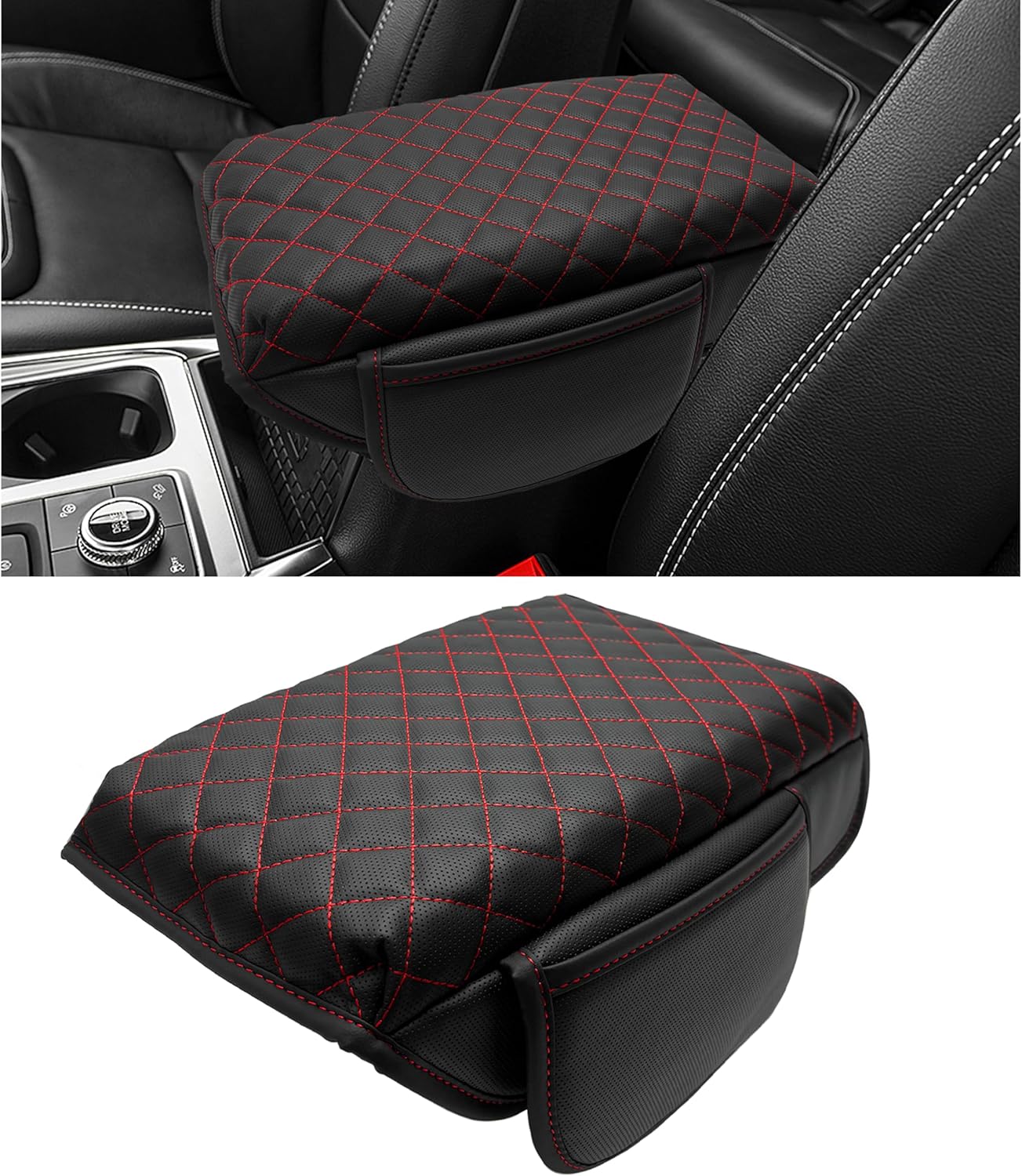 Center Console Cover for Ford Explorer 2026 2025 2020-2024 Accessories 1.2in Thickness Armrest Cover Leather Arm Rest Box Lid Protector Cushion Pad Middle Console Cover with Side Pockets (Red Stitch)