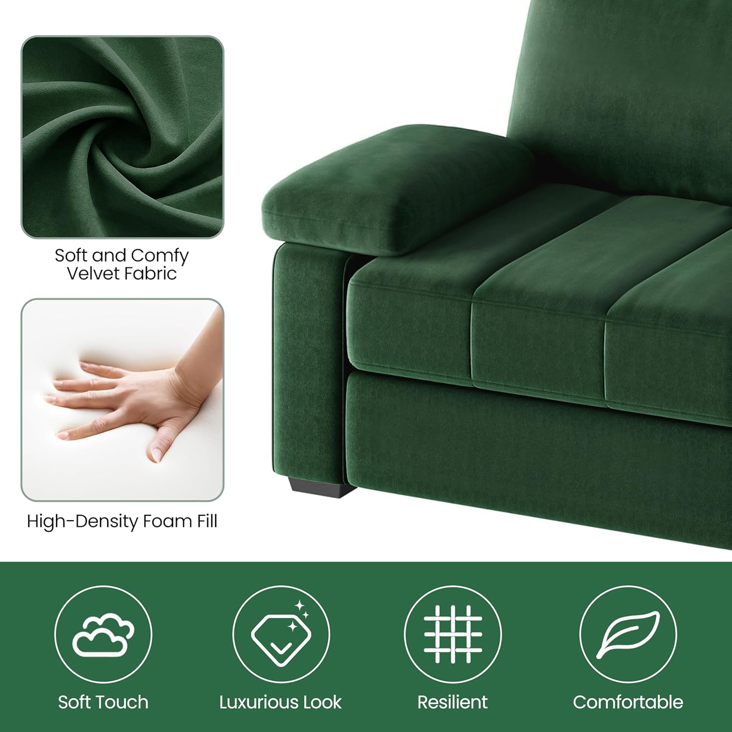 Yaheetech 79" Velvet Modern Sofa Couch with Storage Pockets and USB Ports, 2 Seater Comfy Loveseat Sleeper with Removable Armrest Pillow & Cover for Living Room, Apartment, Bedroom, Green
