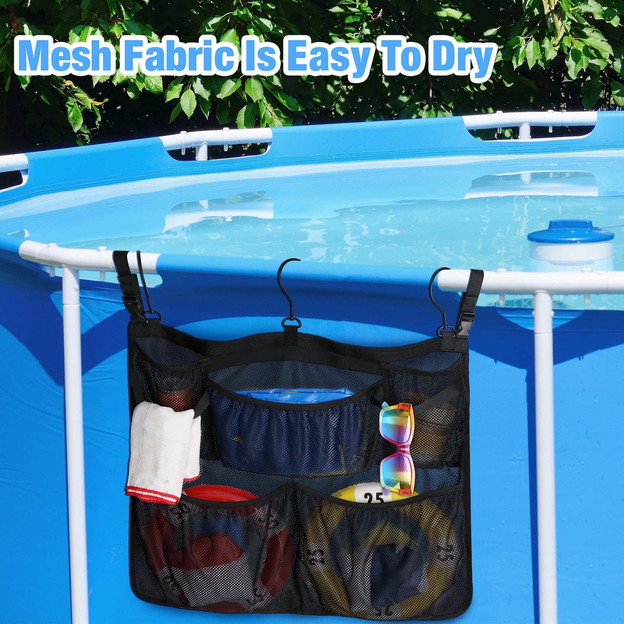 Pool Aufbewahrungstasche, Pool Aufbewahrungskorb, Pool Aufbewahrungsbox, Schwarz Schwimmbad Netztasche mit Haken, Pool Zubehör für Aufstellpool, Badezimmer
