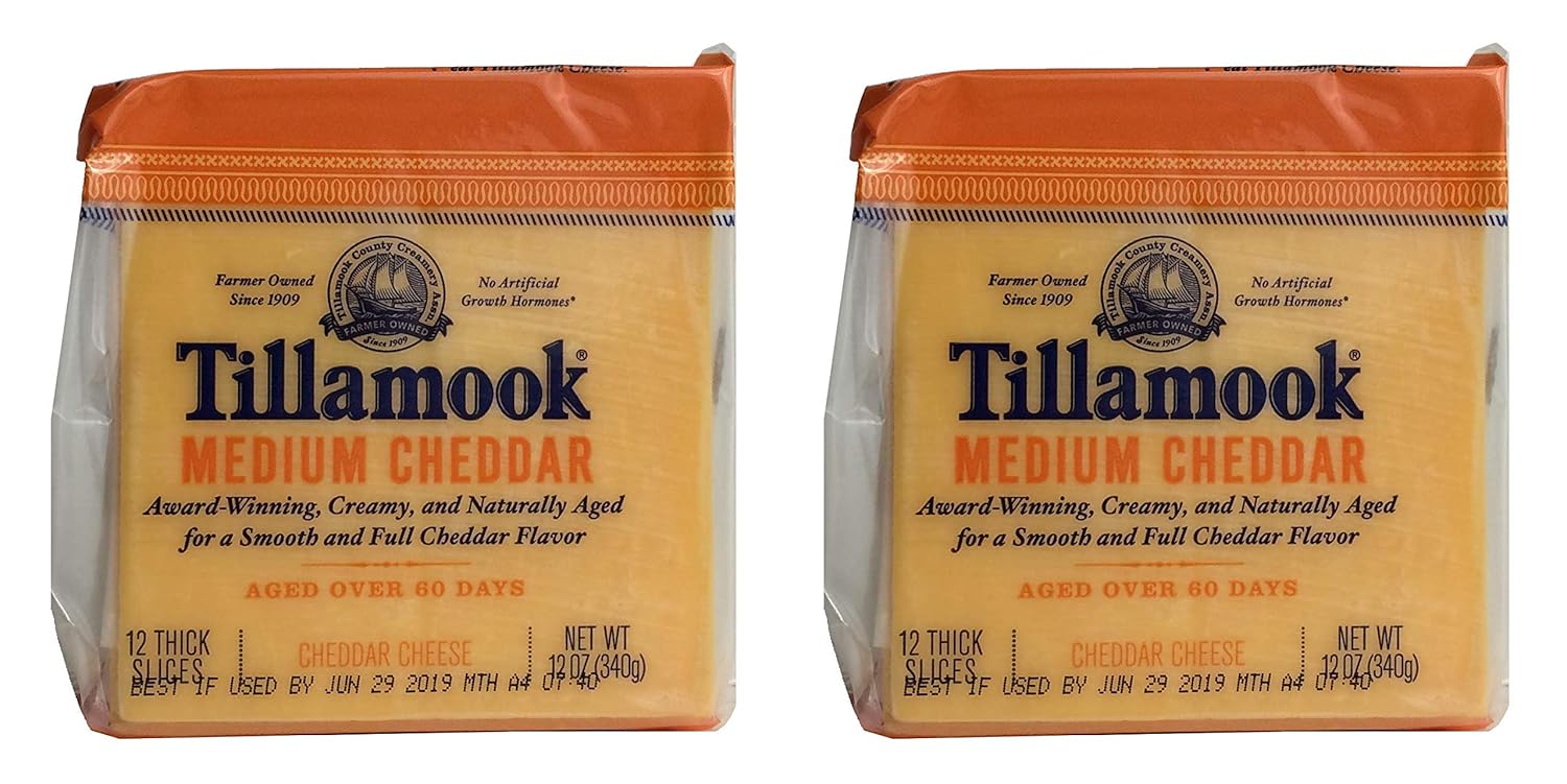 Tillamook Medium Cheddar Cheese 12 Thick Slices, 12 OZ (Pack of 2) Grocery