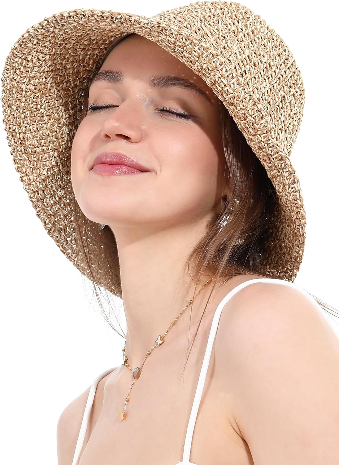 Womens Sun Hat Handmade Crochet Straw Bucket Hat Summer UV Protection Foldable Travel Cap UPF 50+ - Image 6