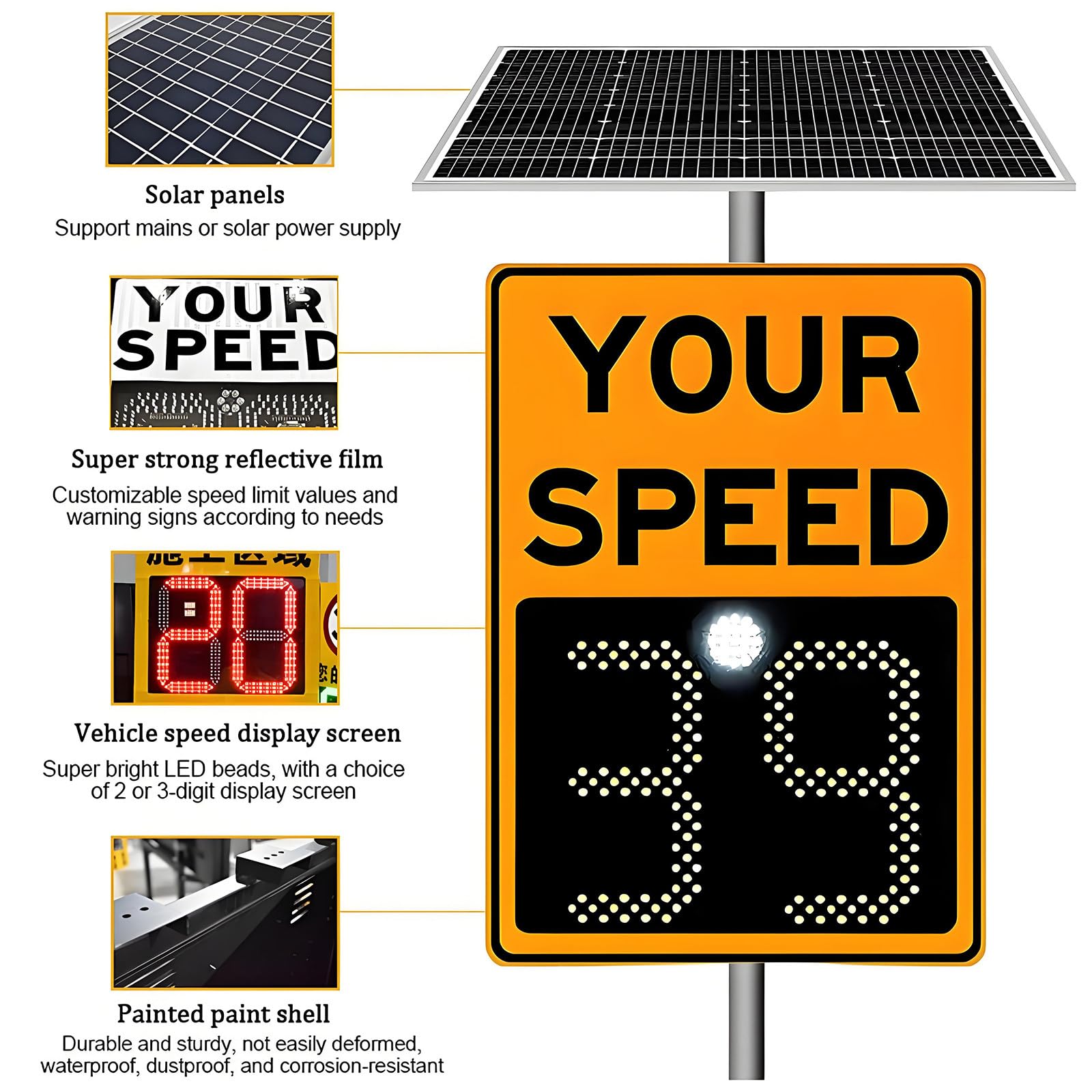 Señal de velocidad de radar, LED solar, señal de límite de velocidad variable, 24 x 35 pulgadas y 20 x 27 pulgadas, señalización de seguridad vial con accesorios y pantalla de 3 dígitos para control
