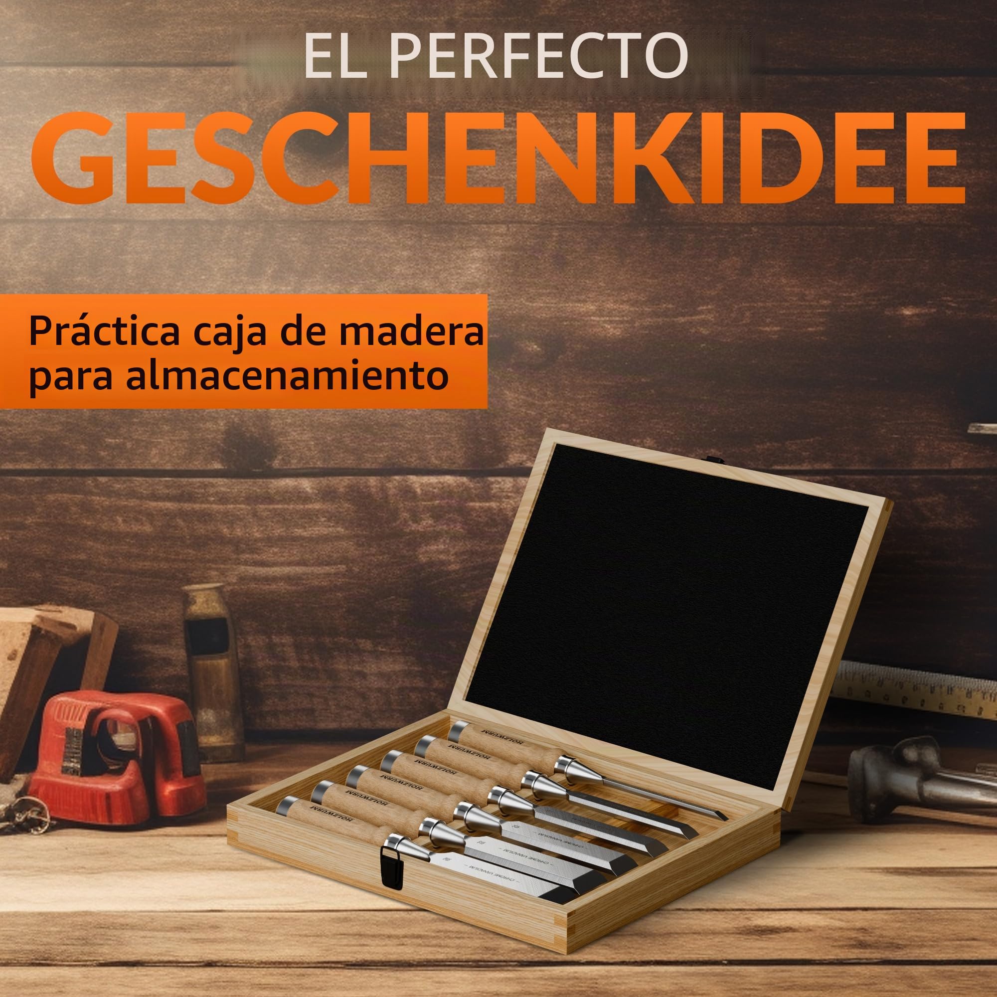 HOLZWURM Juego de cinceles profesionales para madera, juego de cinceles de 6 piezas con piedra de afilar, instrucciones (EN) de afilado y estuche de madera