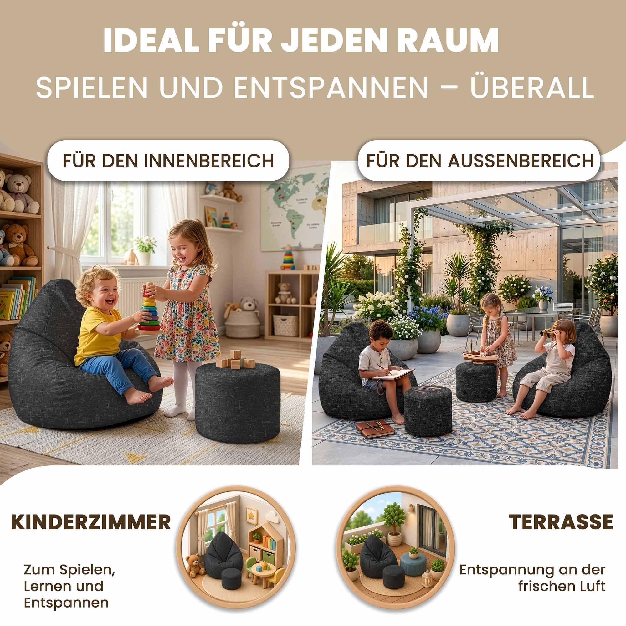 DreamRoots Sitzsack Outdoor Wetterfest - Bean Bag - Oxford 240 g/m² Leinenoptik - 8000 mm Wassersäule, UV-beständig - Mit Füllung & Hocker, rutschfest - Sitzsack für Kinder Schwarz