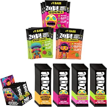 Zombie Bar and Gummies Bundle - 24 Fruit Bars 4 Flavours, 2 Sweet, 2 Sour - 12 Fruit Gummies 3 Flavours