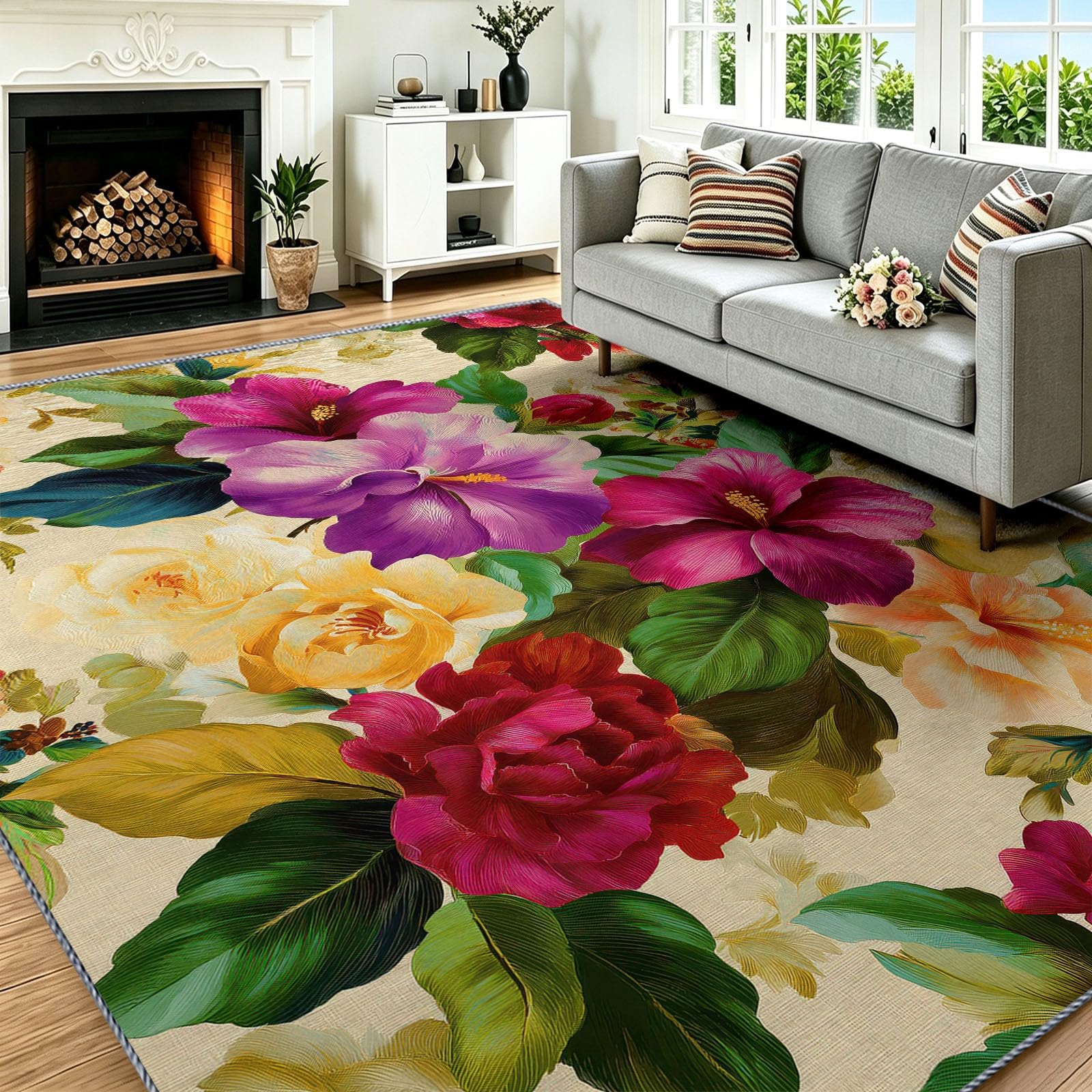 Tapis de salon beige retro 120x170 cm lavable et antiderapant