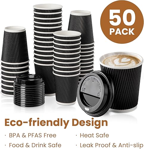 Miniatura 4 de Fit Meal Prep Paquete de 250 tazas calientes desechables con tapas, 12 onzas, con aislamiento de doble pared negro, con tapa de cúpula negra, taza