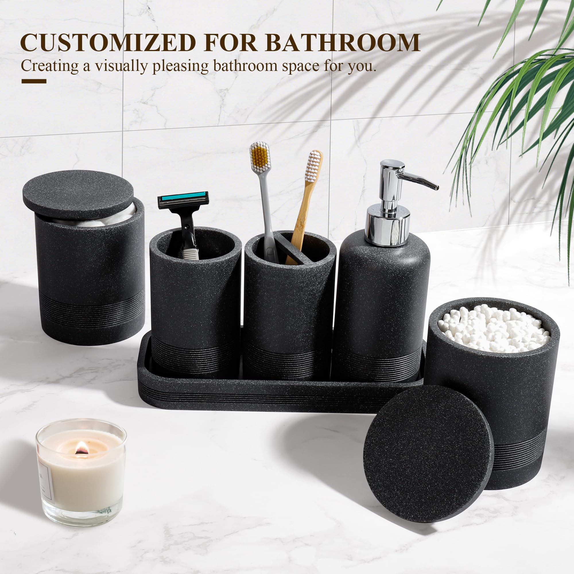 YMXYJM Juego de accesorios de baño, juego de baño de 6 piezas con soportes para cepillos de dientes, dispensador de jabón, bandeja de tocador, vaso, tarros de hisopo de algodón, organizador de baño