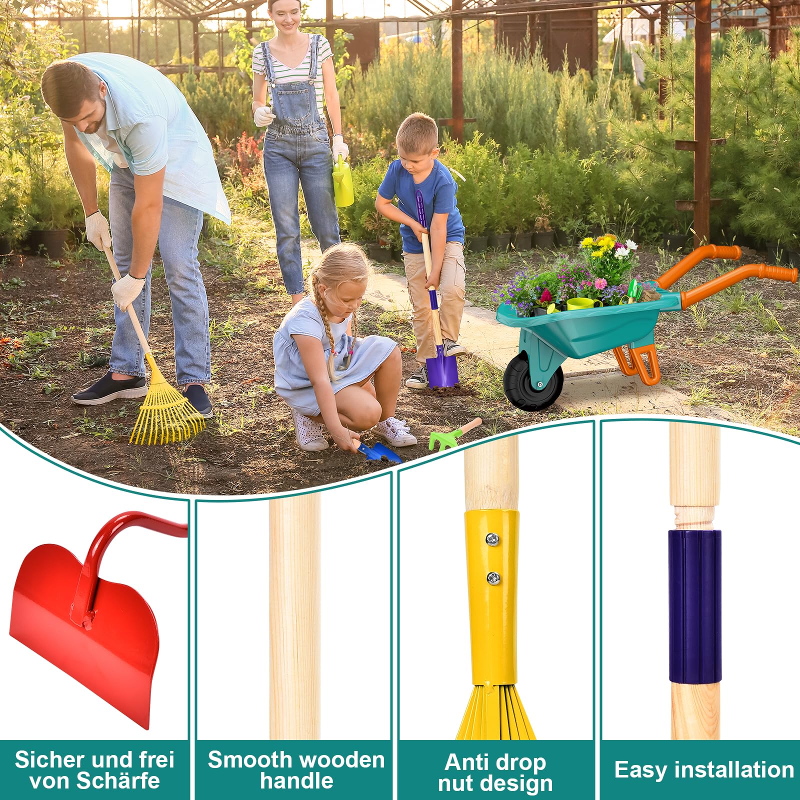 JONRRYIN Carriola per Bambini, Set Giardinaggio Bambini con Guanti, Vanga e Rastrello, Carriola da Giardino per Esterni, Giochi Educativi Bambini (Vert) - 2