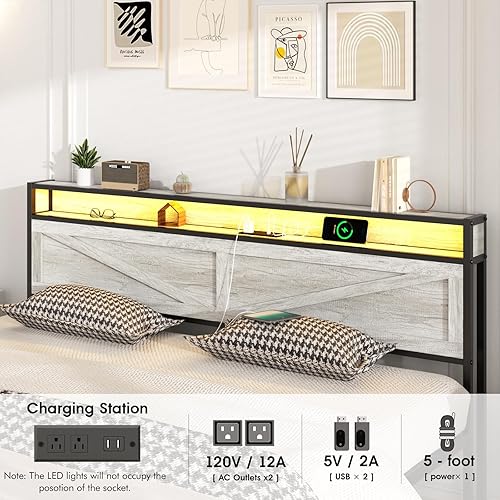 Miniatura 58 de Base de cama LED tamaño Queen con estación de carga y 4 cajones, plataforma de metal con cabecero de puertos USB, marco de cama de granja con luces