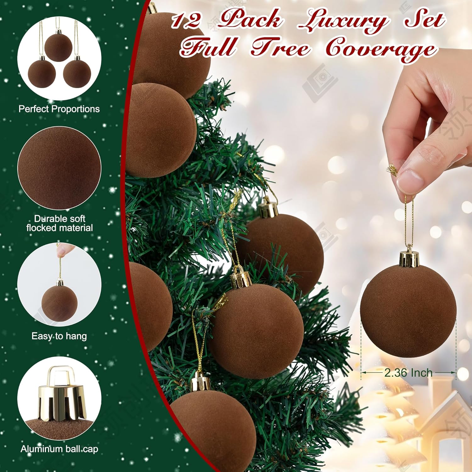 SIMILAR TO Dazftiey 12 PCS Brown Velvet Ornaments for Christmas Tree Decorations, Warm Brown Velvet Christmas Ornaments Balls,Shatterproof Xmas Decorative Hanging Ornaments(2.36 Inch)
