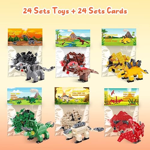 Miniatura 5 de Yuumue Paquete de 24 tarjetas del día de San Valentín con bloques de construcción de dinosaurios, regalos del día de San Valentín para niños,