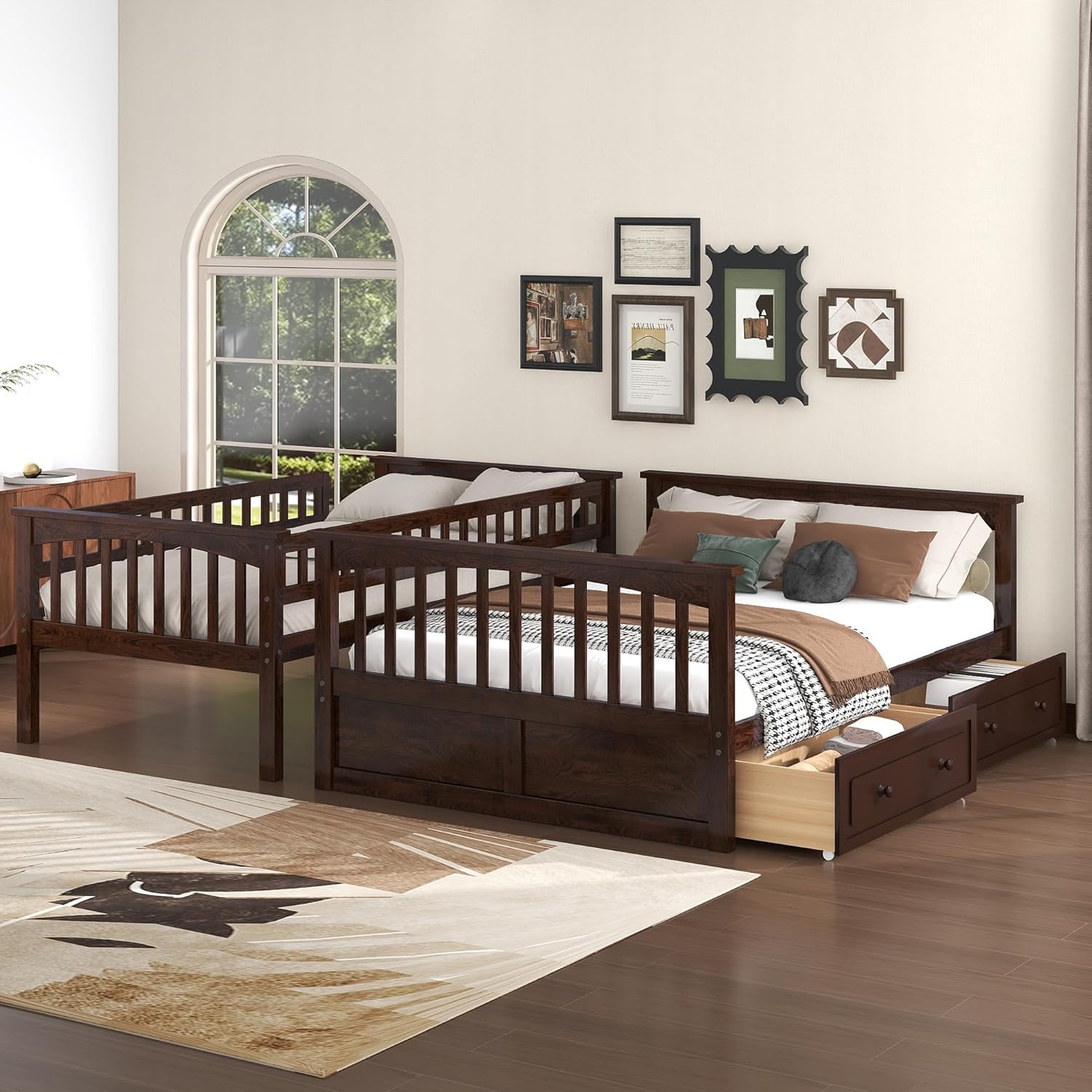 Merax Twin Over Full Bunk Bed with 2 Drawer and Ladder for Kids or Teens, Woooden Convertible Bunk Bed into 2 Beds with Guardrails for Safety, No Box Spring Needed, Espresso