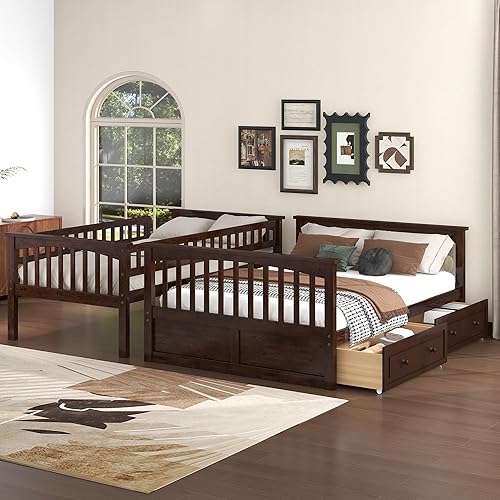 Miniatura 188 de Litera individual sobre matrimonial con cajones, escalera deslizante y almacenamiento, litera de madera con barandilla alta y escalera para niños,