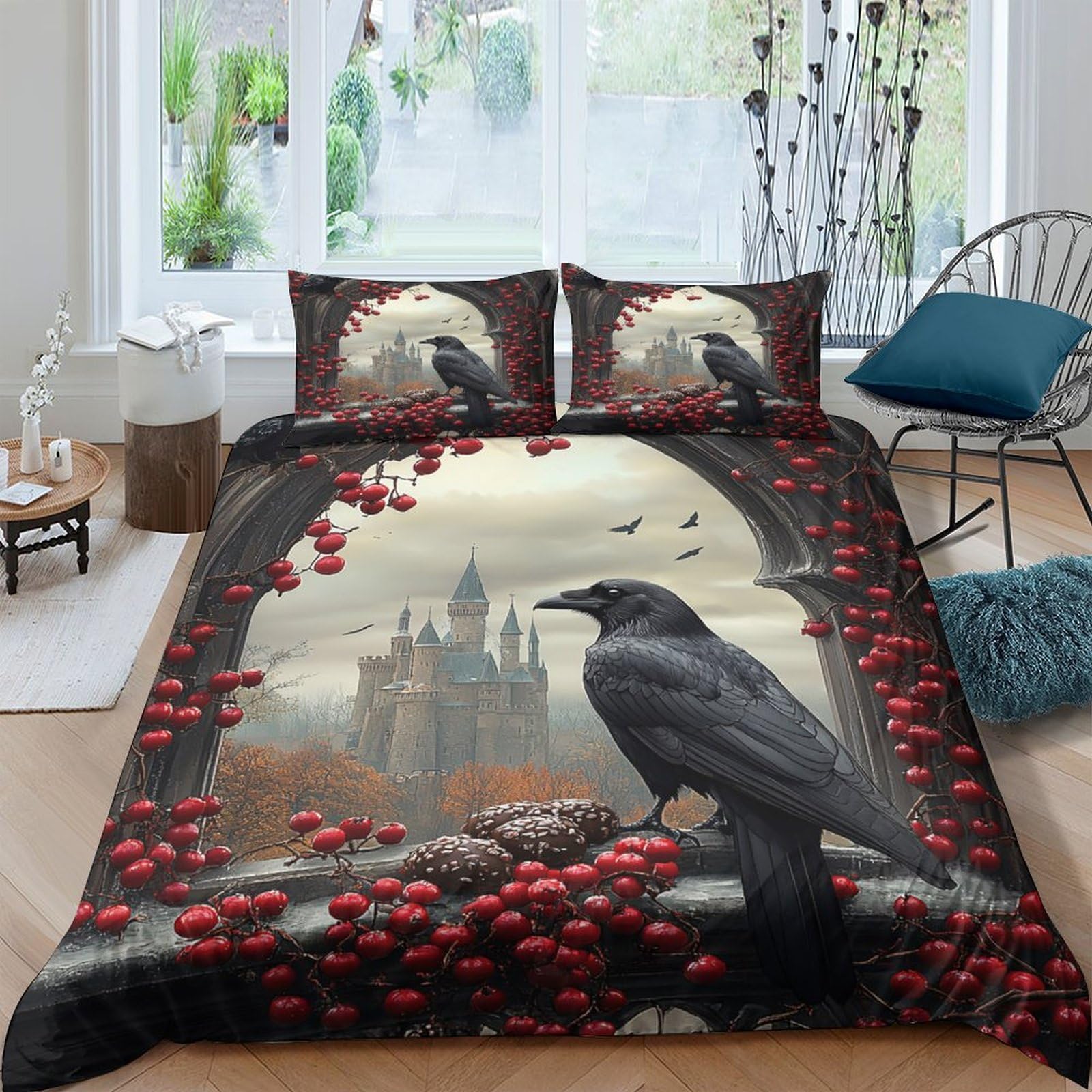 GPLZQXKJNH 3D Printed Gothic Castle Raven Duvet Cover Microfiber Soft Breathable Red Berries Bedding Set with 2 Pillowcases for Bedroom Decor Single（135x200cm）