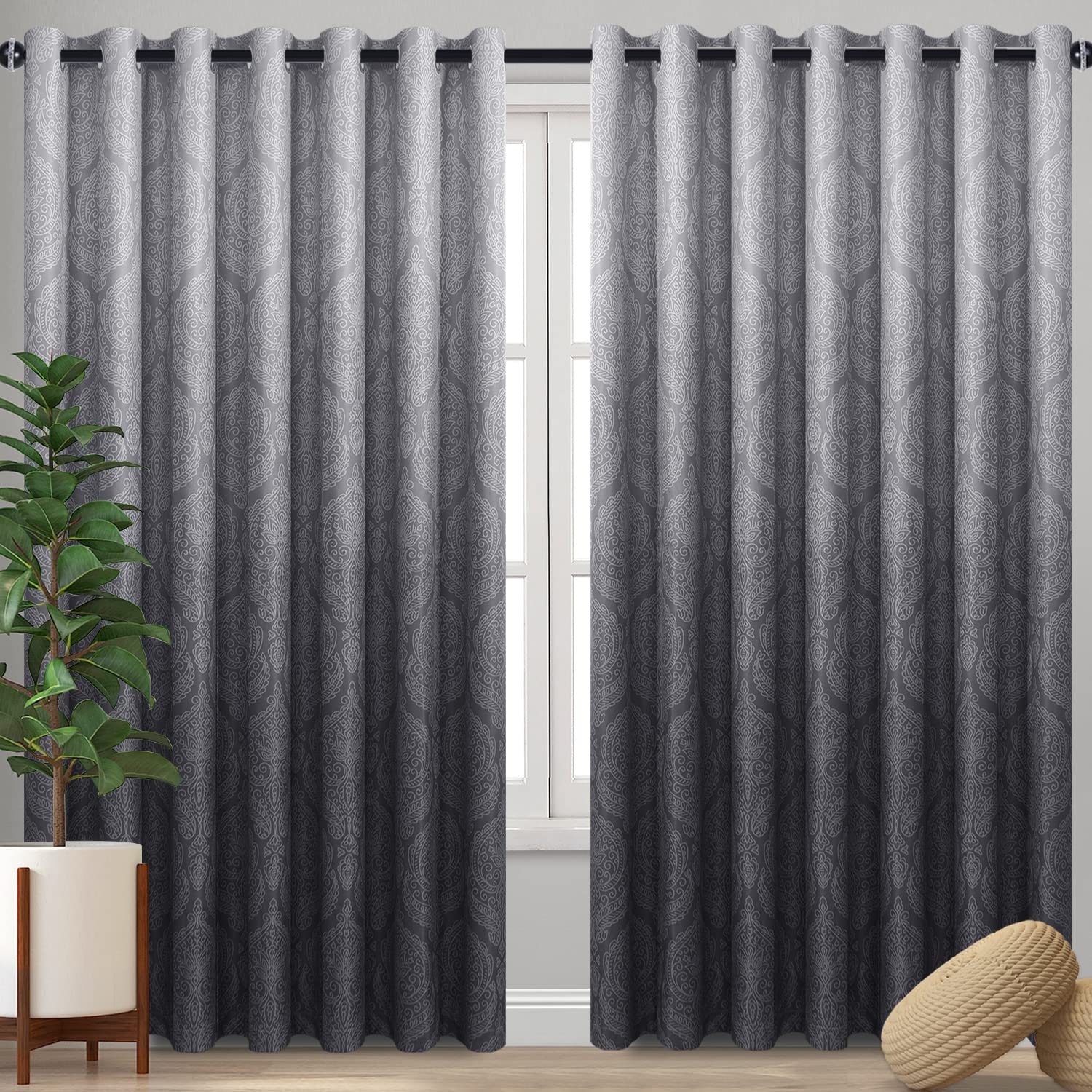 DWCN Grey Ombre Blackout Curtains for Bedroom - Damask Patterned Thermal Insulated Energy Saving Grommet Curtains for Living Room, Set of 2 Gradient Window Curtain Panels, 120 x 84 Inch Length, Grey — image 1