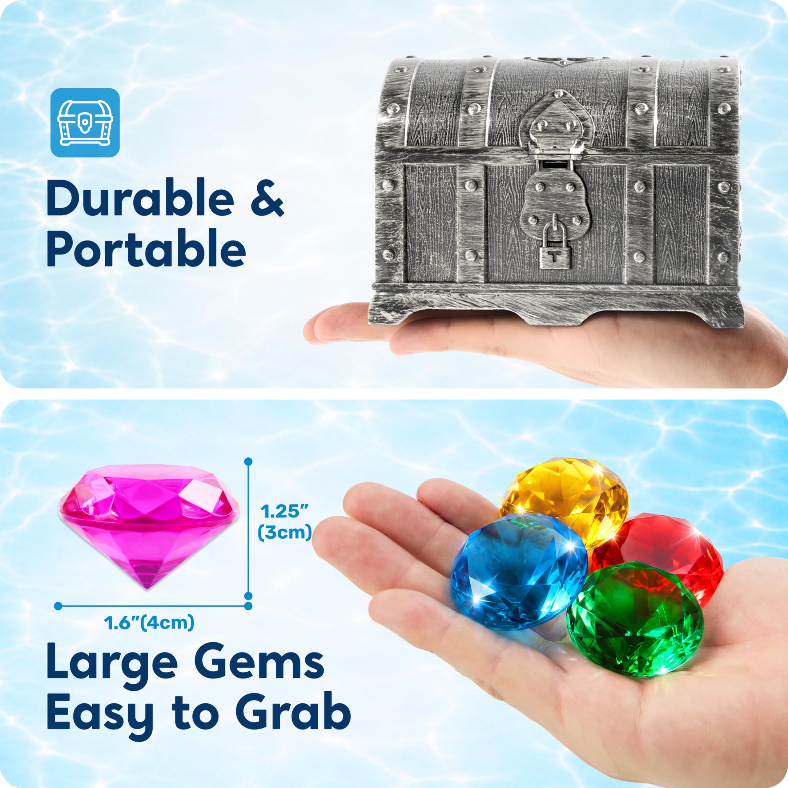Sloosh Giocattolo da Piscina Diving Gems, 16 Grandi Diamanti Colorati con Scrigno dei Pirati, Giocattolo subacqueo per Bambini con Gemme subacquee, Regalo per l'allenamento al Nuoto