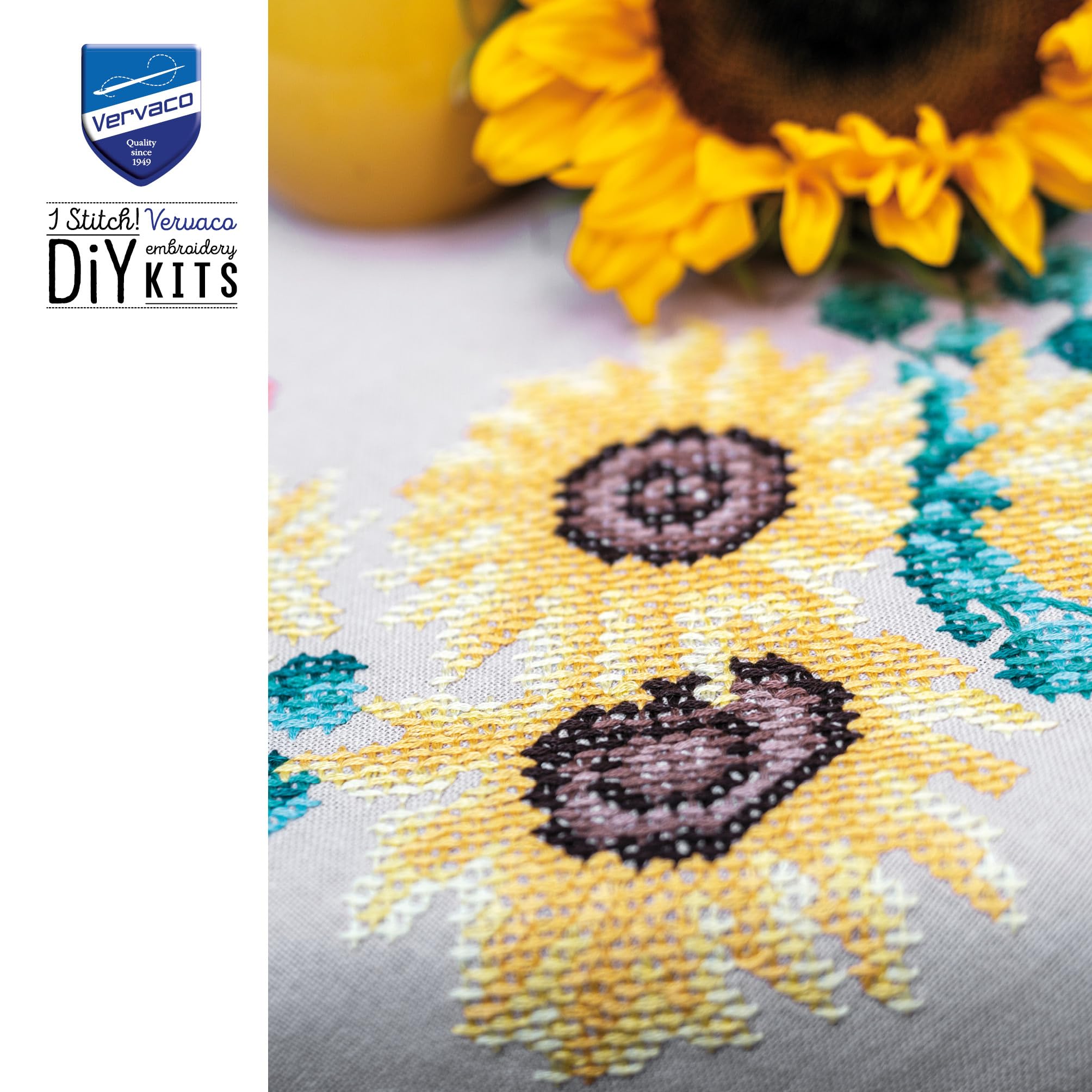 Vervaco Mantel Para Bordar Punto De Cruz Completo Bordado Tela Impresa GIRASOLES Decoracion Para Manualidades DIY Adultos Set Ocio Creativo Regalo 80 x 80 cm Cross Stitch Embroidery