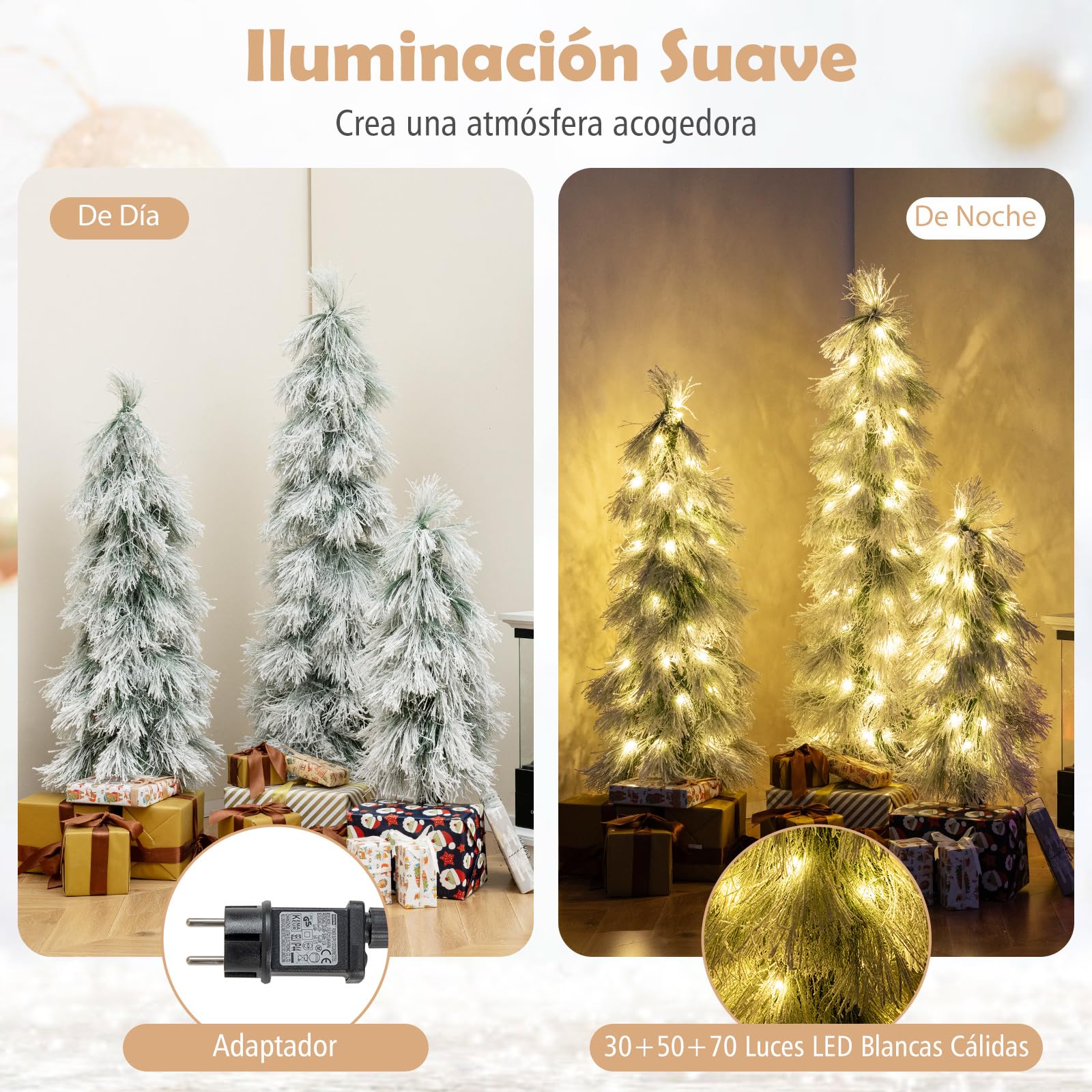 COSTWAY Juego de 3 Árboles de Navidad Nevado 90cm, 120cm y 150cm, Arbol de Navidad con Luces Incorporadas, 30, 50 y 70 Luces LED, Agujas de Pino, Christmas Tree w/Light