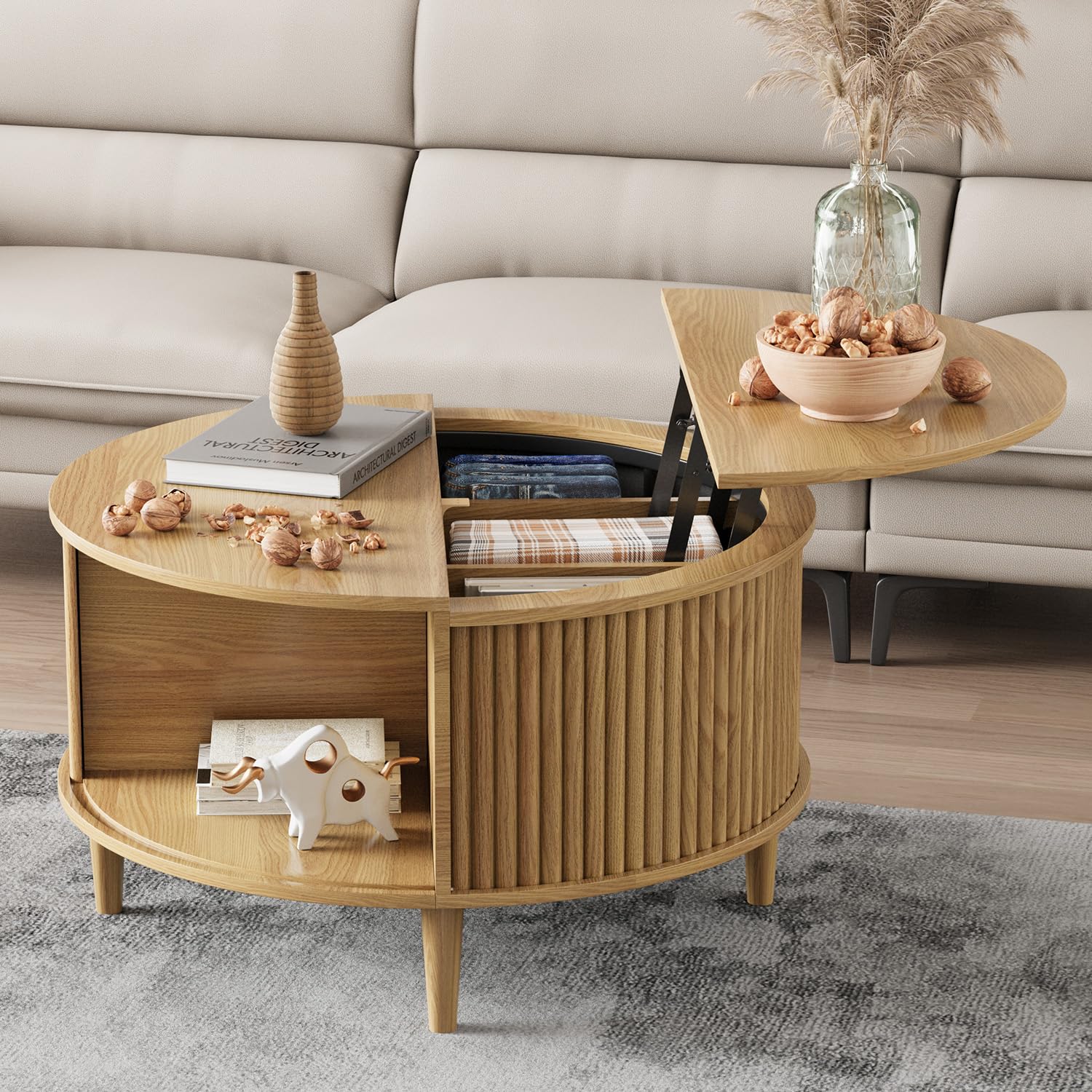 Amazon.com: FNeL Round Coffee Table with Storage, Fluted Lift Top
