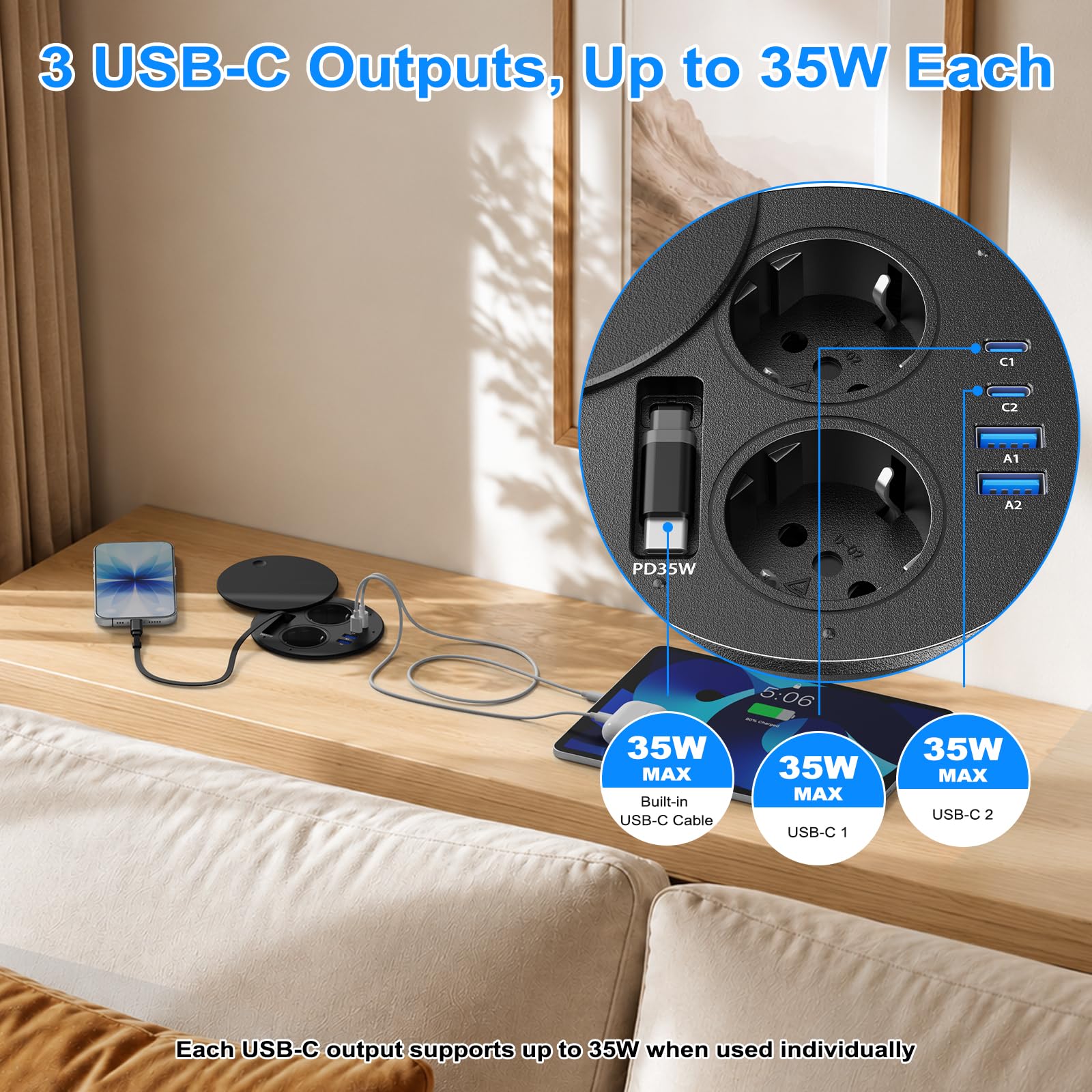 Enchufe empotrable USB-C PD 35W con Cable USB-C retráctil, Ø100 mm | Regleta empotrable con 3 salidas USB-C hasta 35W, 2 tomas, 2 USB-A 18W, tapa giratoria antipolvo, escritorio y encimera