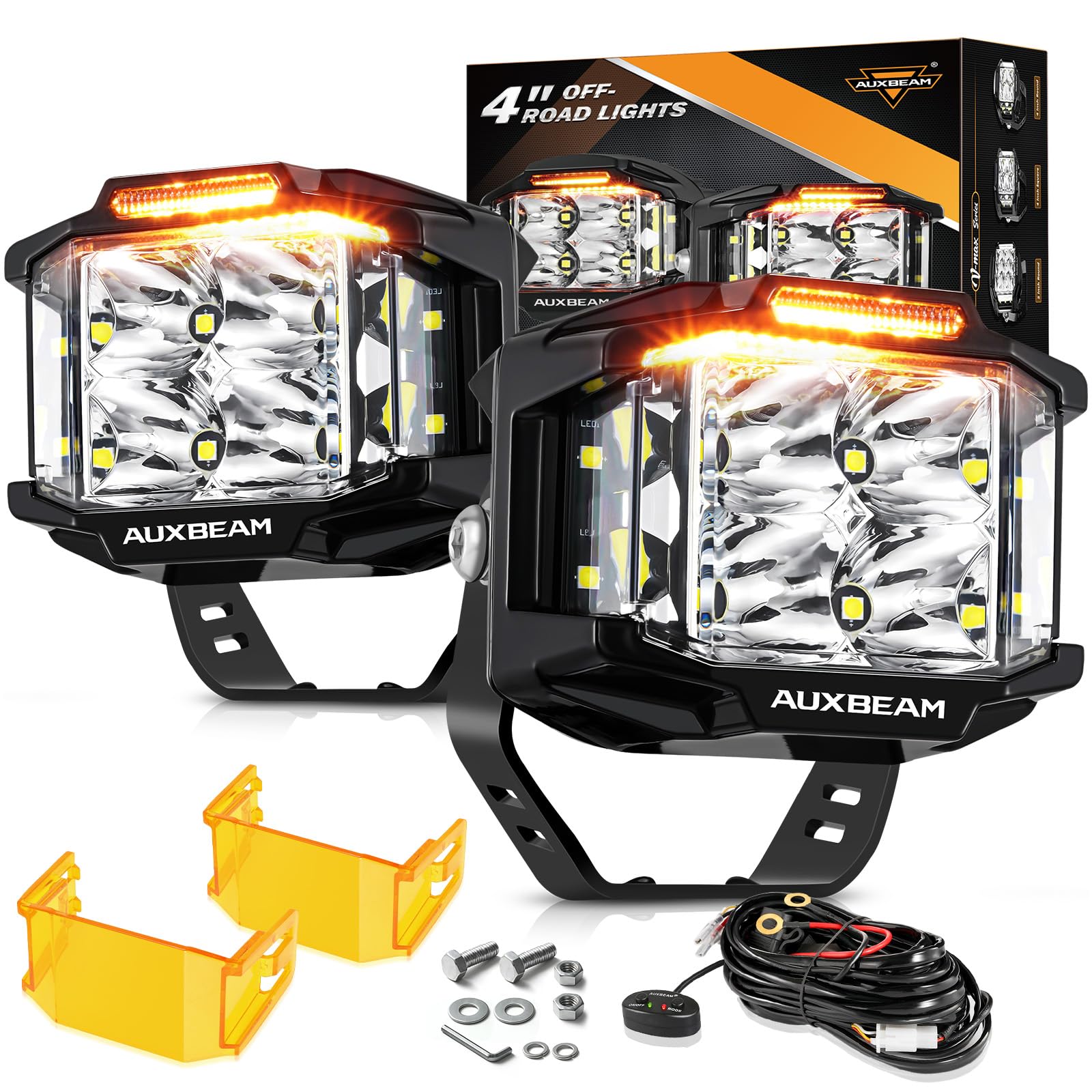 4" 92W Cube LED Pod with Amber DRL, V-MAX Series Offroad Pod Lights with Side Shooter & Amber Covers, Offroad LED Cube Offroad Square Light 270°Combo Beam Auxiliary Light for Truck Jeep ATV