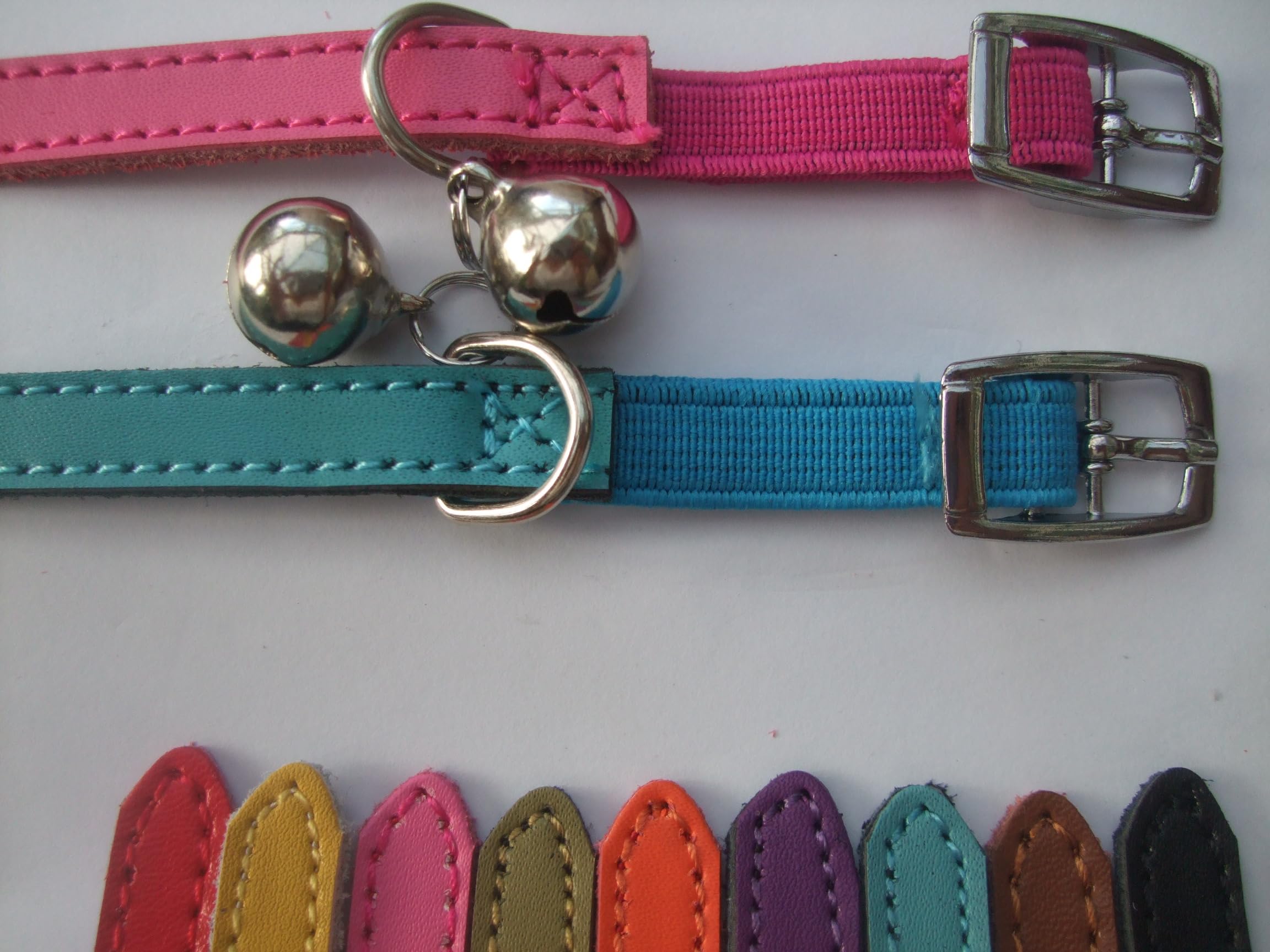 Cat Collar 2 pack set Real Leather Elasicated Safety Elastic bell, Pair Choose colours (Pink and Blue) - Image 2