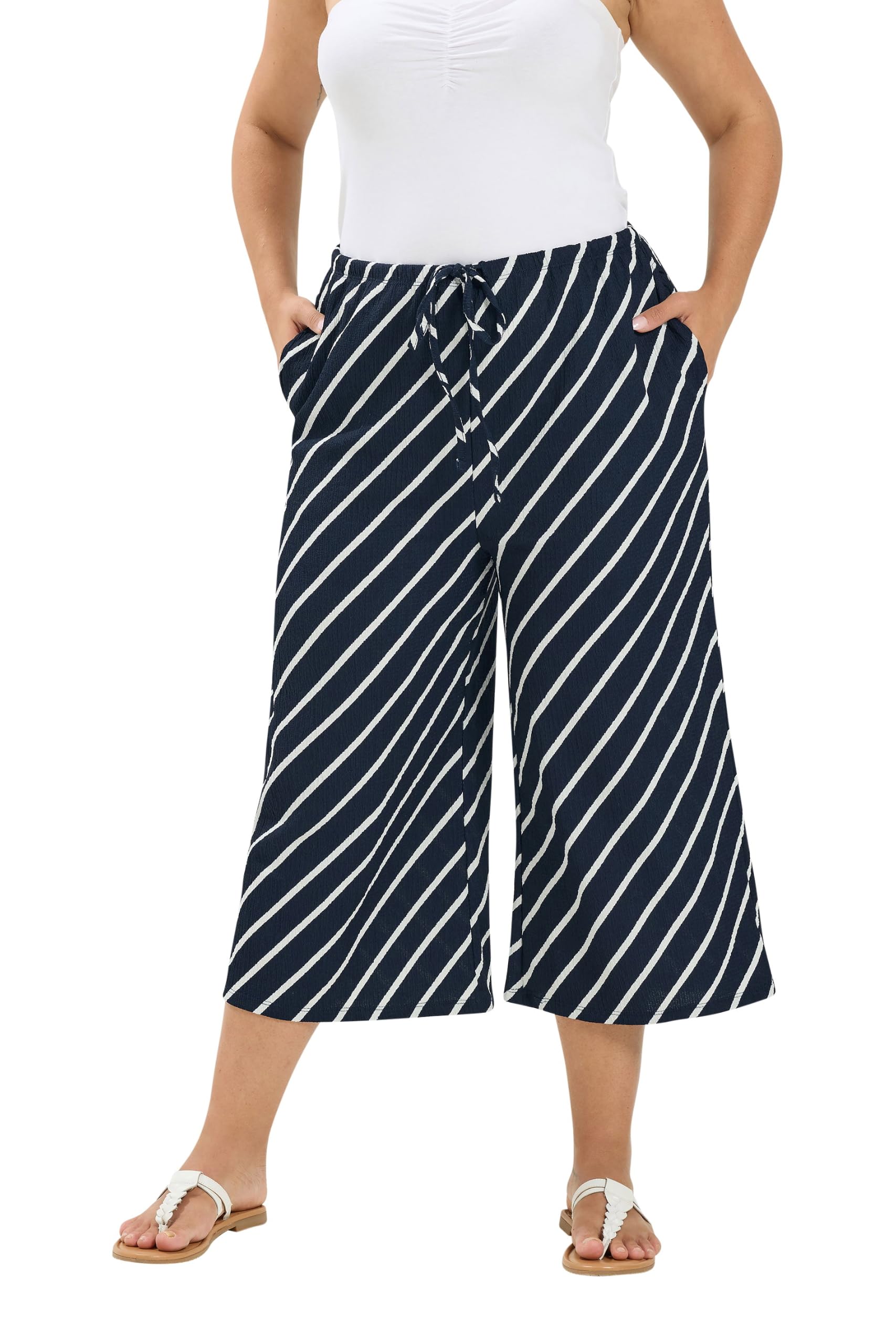 Yours Women's Navy Curve Blue Striped Crinkle Culottes - Plus Size Curve