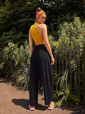 LASLULU Womens Baggy Wide Leg Sweatpants Casual Elastic High Waisted Palazzo Harem Pants with Pockets