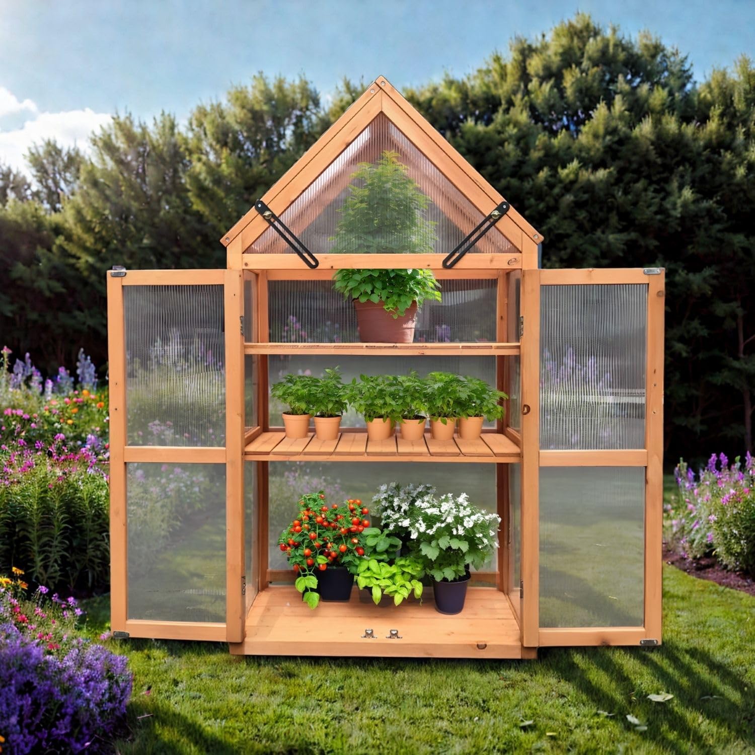 Coemo Holz-Gewächshaus Jan – Stilvolles Design, 65x40x120 cm, Farbe Braun, Aufklappbare Türen und Dach, Winterschutz Gewächshaus -Wetterfestes Pflanzenhaus für Kräuter, Tomaten & Setzlinge