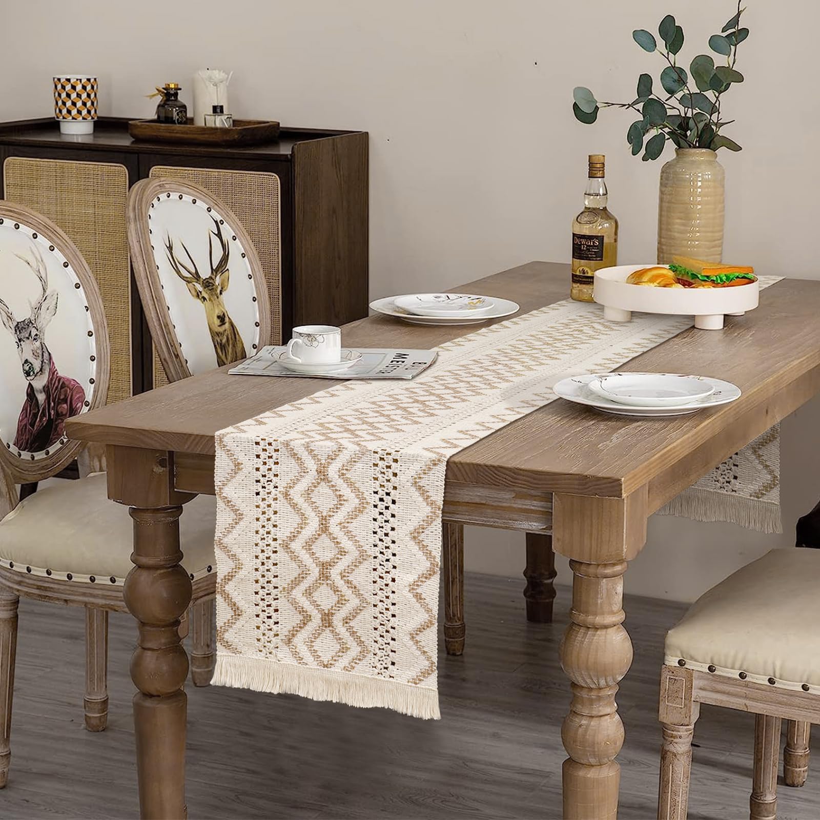 Runner da tavola bohémien, in tessuto macramè, in cotone e lino con nappe, lavabile, vintage, macramè con nappe, per matrimonio, fattoria, tavolo da pranzo, rosso vinaccia, A, 30 cm x 220 cm