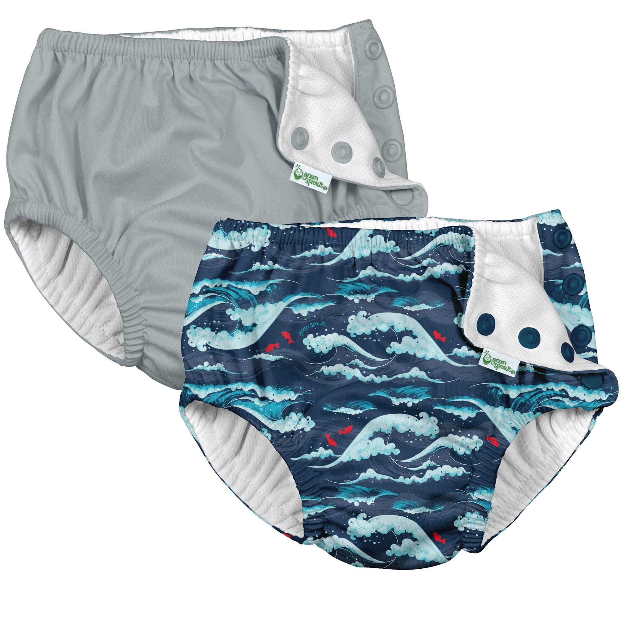 i Play (2 Pack) Boys Reusable Absorbent Baby Swim Diapers - Swimming Suit Bottom | No Other Diaper Necessary Navy Tidal Waves and Grey 6 Months