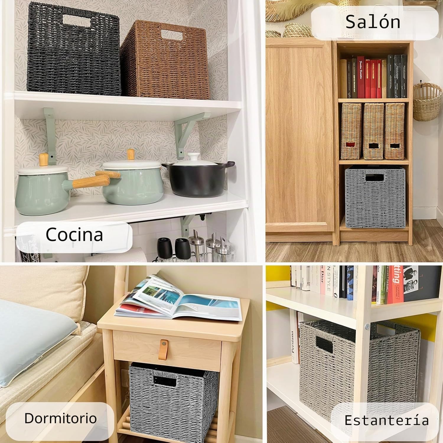 2 Cestas de Almacenaje, Cesta Mimbre Tejidas a Mano Cubo 28CM, Cesta Grande Plegable de Papel de Jacinto de Agua con Asas, Cesto Decorativo para Baño Estanterías Kallax Cocina Gris