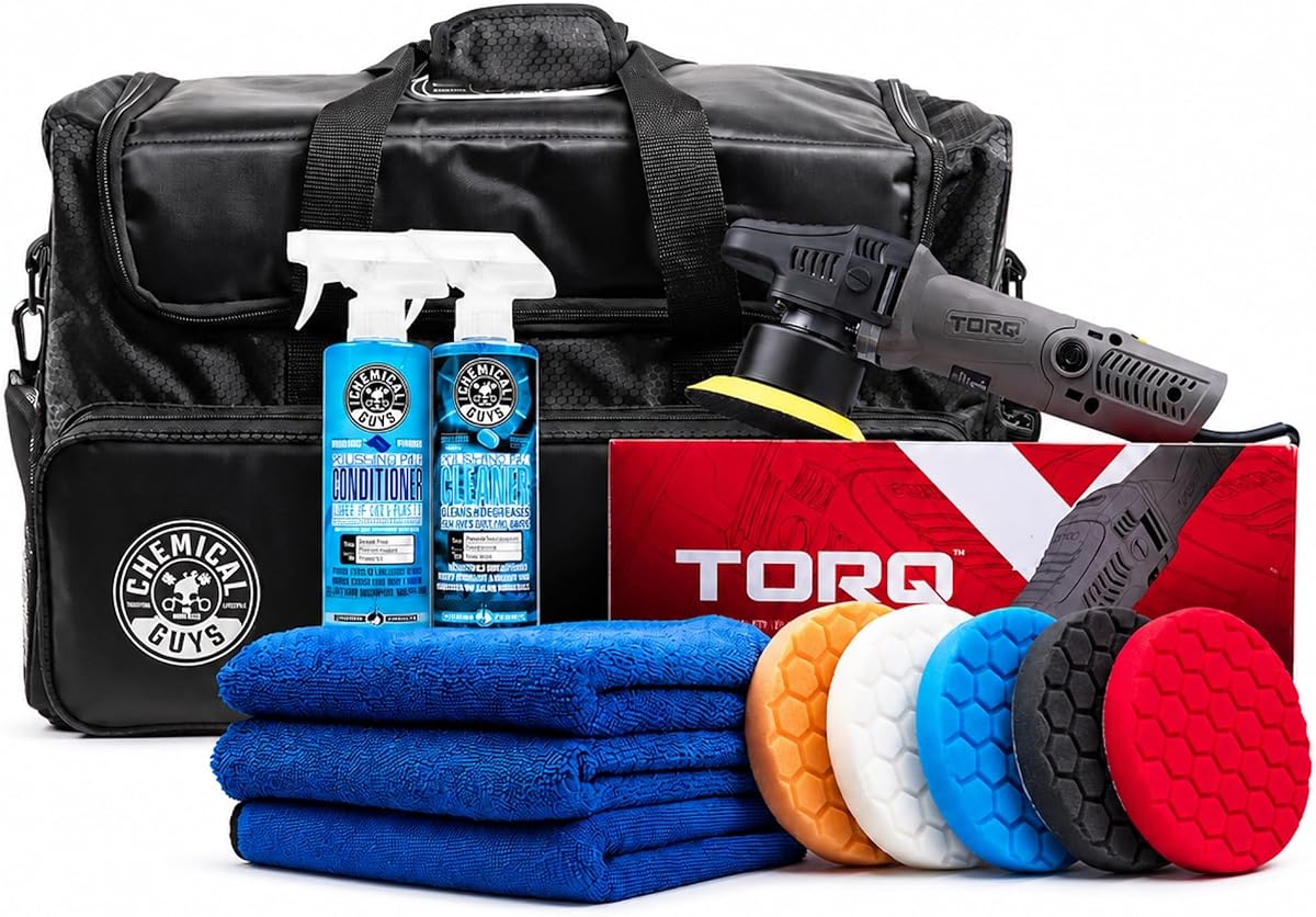 TORQX Dual Action Polisher Detailing Kit with Bag, 13-Piece | 800W 9mm dual-action polisher with cutting, polishing and finishing pads and range bag for easy paint correction