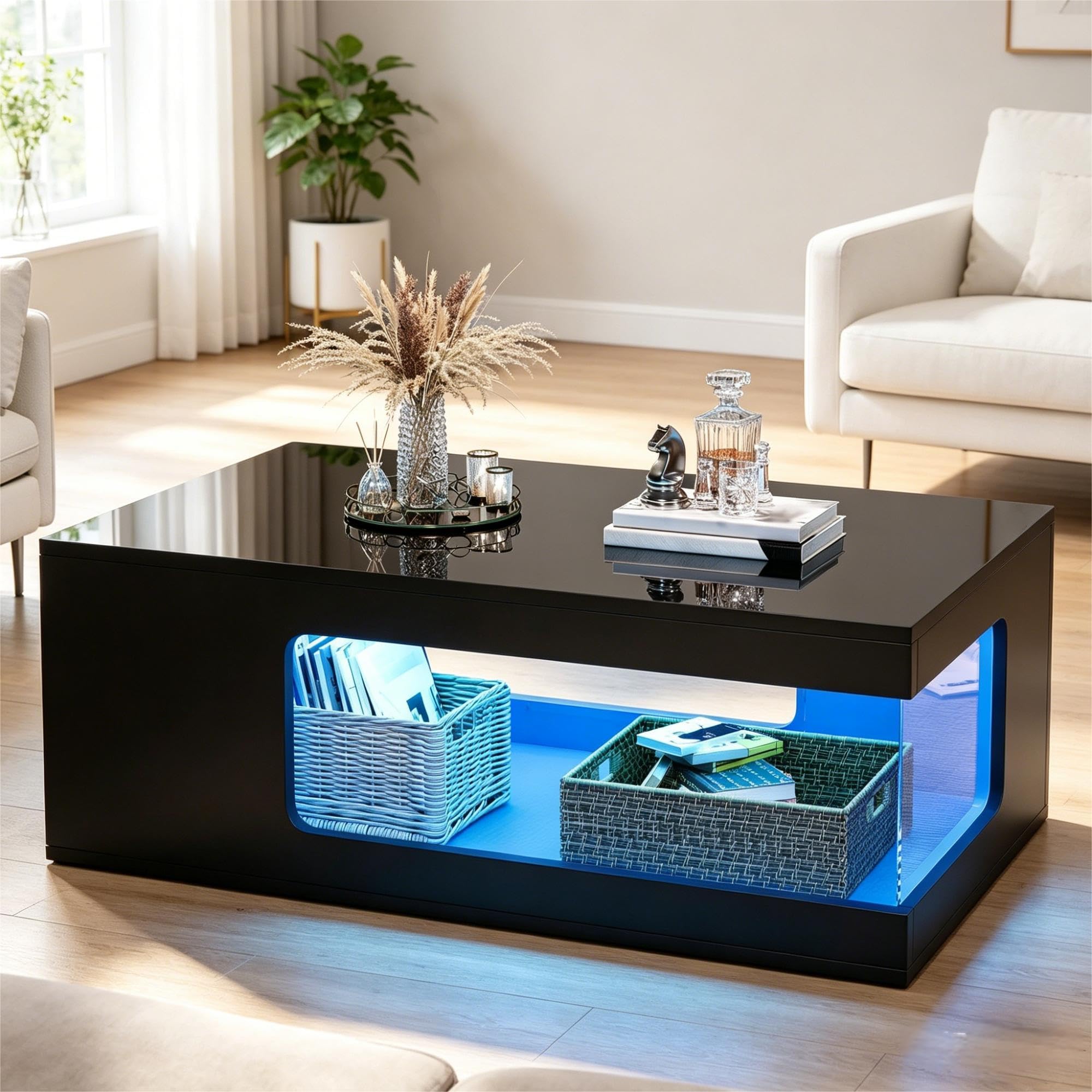 Offener Couchtisch Mit LED, Hochglanz Wohnzimmertisch Mit Glas-Seitenfächern, USB-Lichtleiste Und Stauraum, 100 x 50 x 35 cm
