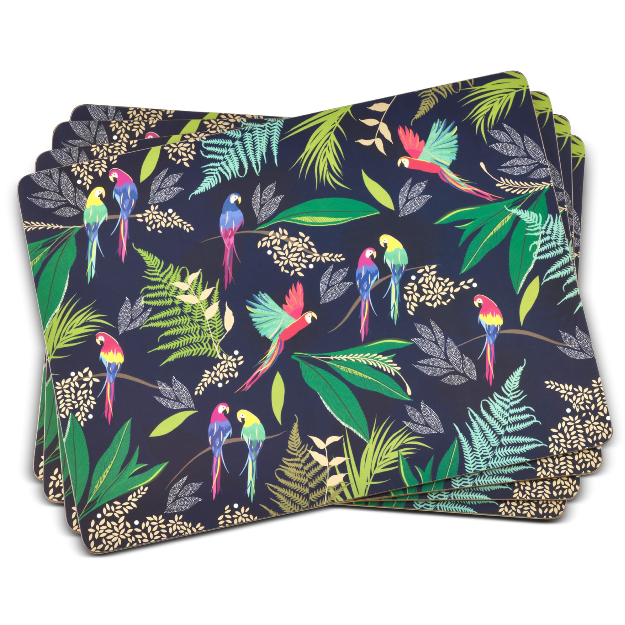 Pimpernel Parrot Placemats Set of 4 with Cork Backing - Heat & Stain Resistant Table Mats Featuring Vibrant Tropical Birds & Gold Details for Decorative Dining or Entertaining at Home