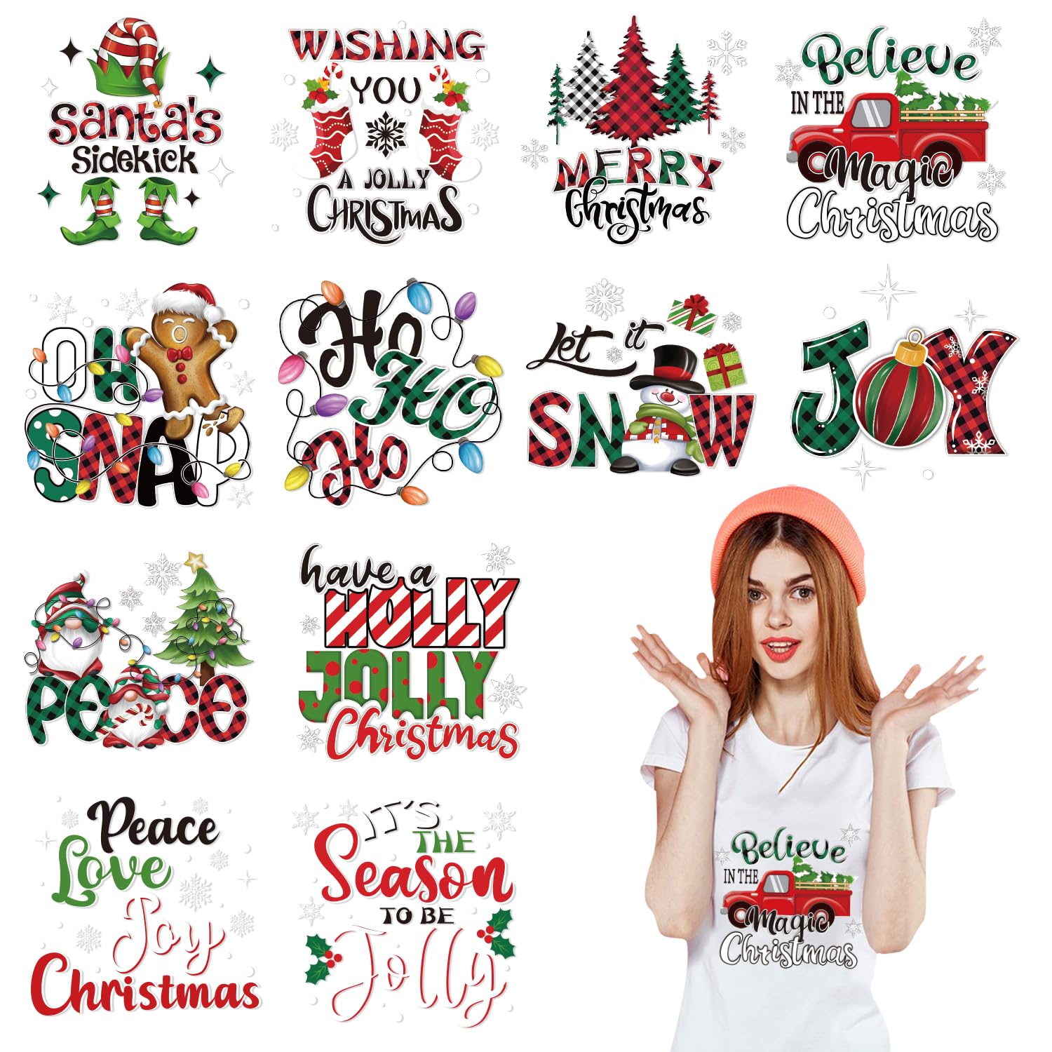 CCINEE 12 Sheets Christmas Iron On Transfers for T-Shirts, Heat Transfers Decals Patches Vinyl Christmas Sublimation Transfers Ready to Press for Craft Xmas Clothes Bags