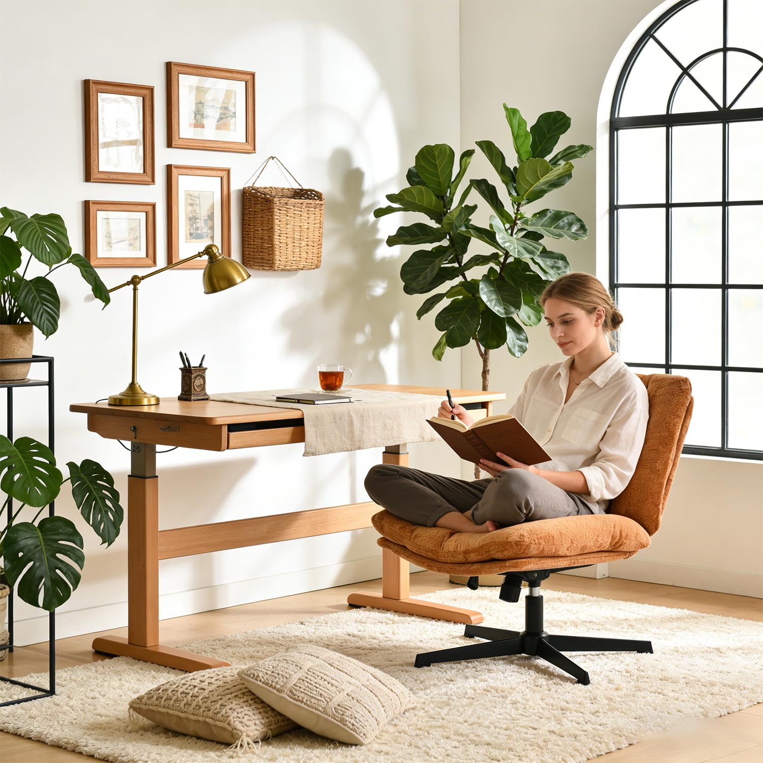 MEUBLE Cosy Silla de Oficina Giratoria 360° Función de Inclinación, Altura Ajustable, Acolchada con Espuma en Tela, para Escritorio Estudio, sin Ruedas, Rojo