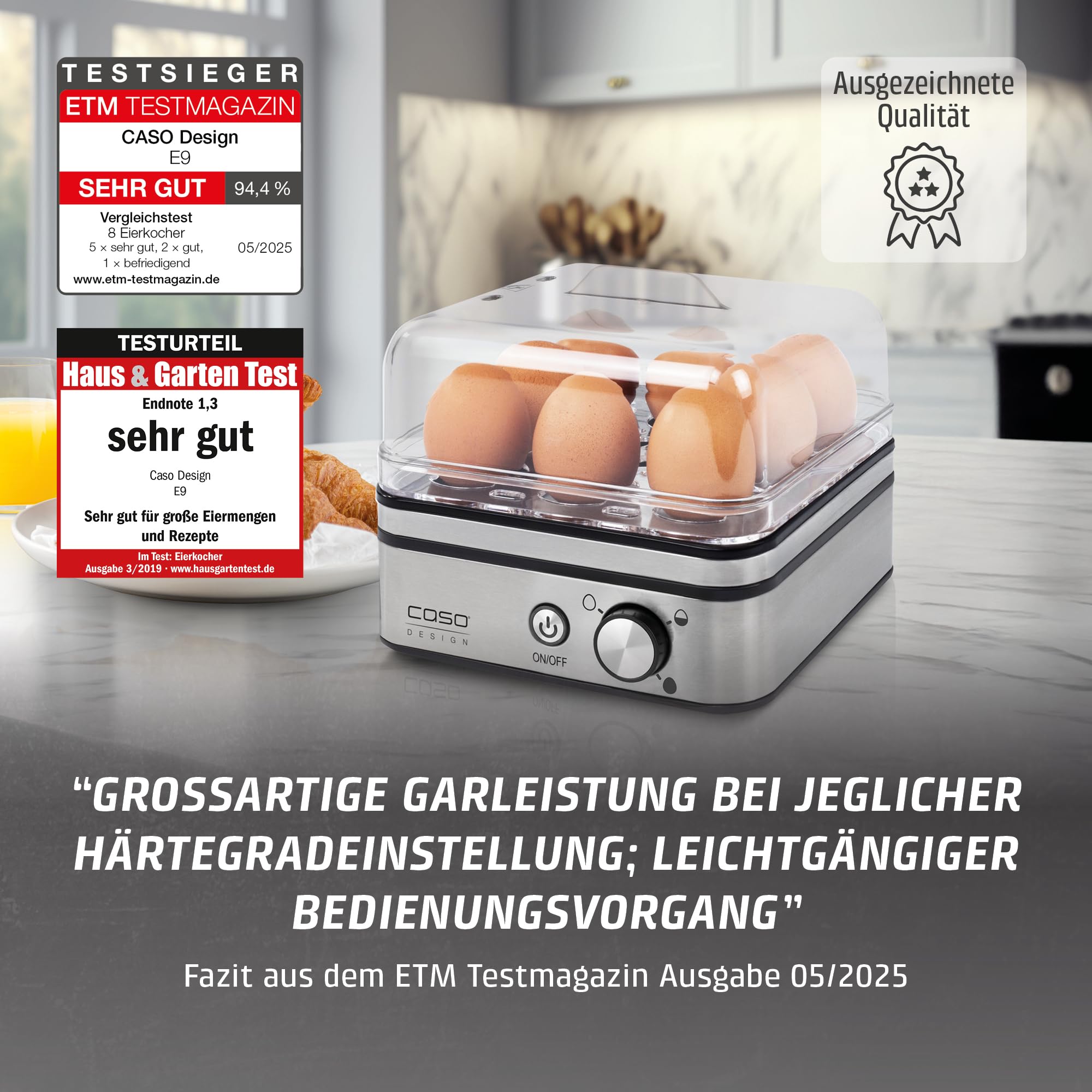 CASO E 9 - Design Eierkocher, Testurteil: Sehr Gut, elektronischer Eierkocher für bis zu 8 Eier, akustisches Signal, inkl. Messbecher und Eipicker und zwei Pochierschalen