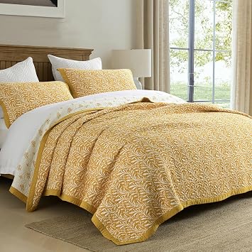100% Cotton King Quilt Set, Botanical Bedding Set with Shams