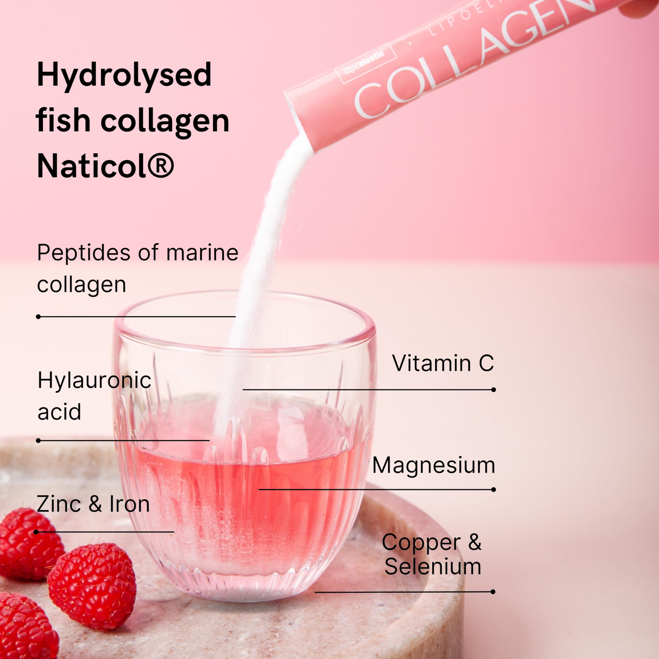Collagene Marino con Acido Ialuronico by LIPOELASTIC - Integratori per Capelli con Vitamina C, Magnesio, Ferro, Zinco - Polvere al Gusto Lampone - 30 Bustine-Donne e Uomini.