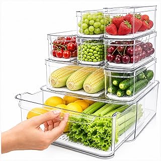 SMRCAD Refrigerator Organizers and Storage, 8 Pack with 1 Pull-Out Drawer and 7 Lidded Bins, Fruit Storage Containers for Fridge with Drain Trays, Helps Keep Produce Fresh