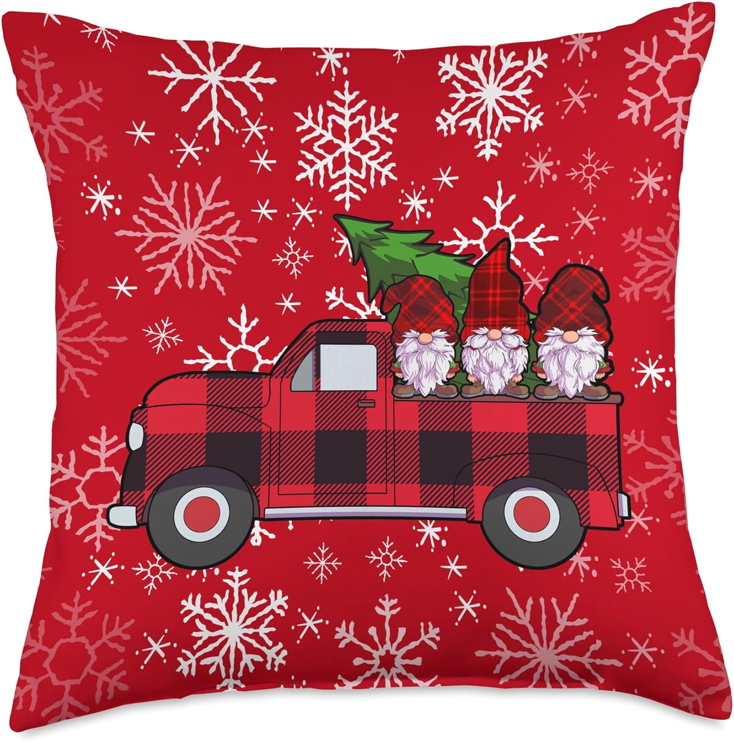 Christmas Truck Three Gnomes Red Buffalo Plaid Snowflakes Throw Pillow 18x18