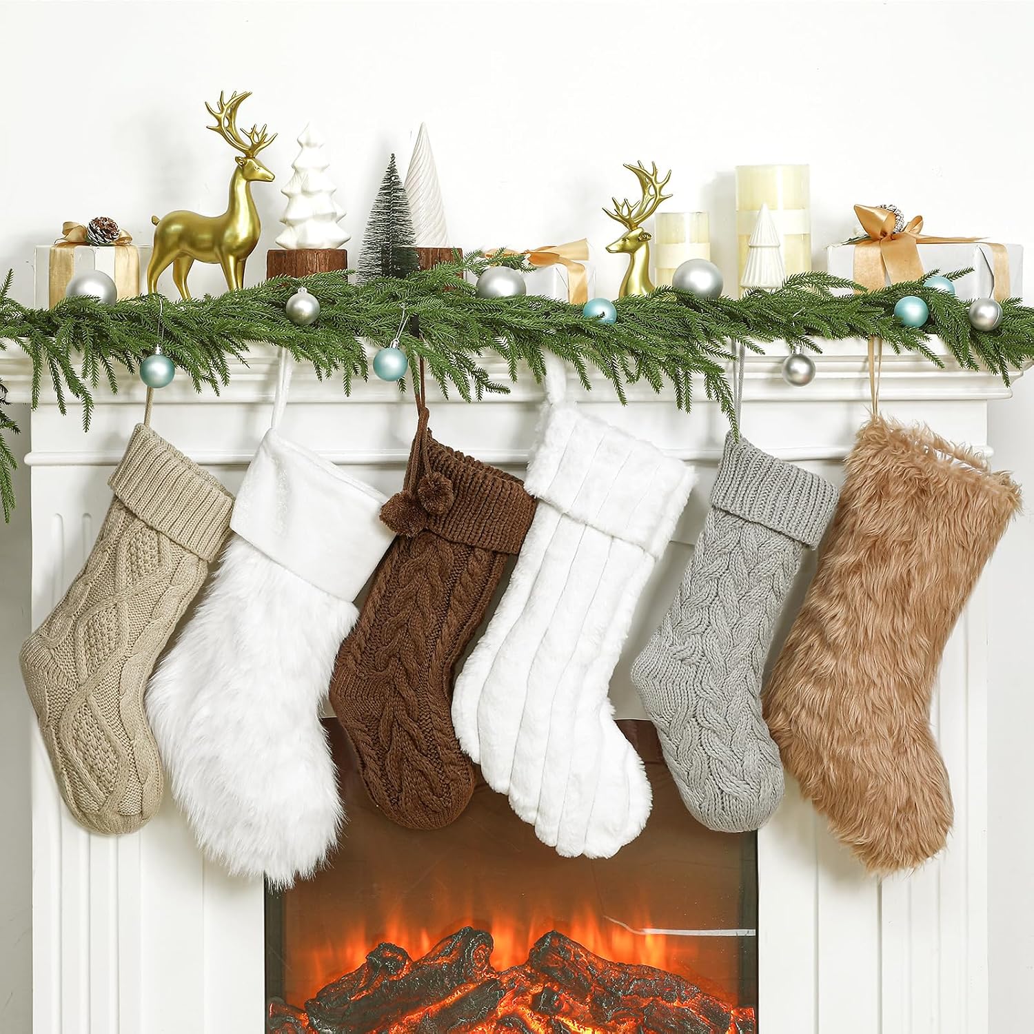 Chicingyou 6 Pcs Neutral Brown Christmas Stocking for Farmhouse Family Vintage Western Christmas Hanging Stocking 18" 15" Cozy Fur Knitted Xmas Home Decor for Xmas Fireplace Holiday Party Decorations